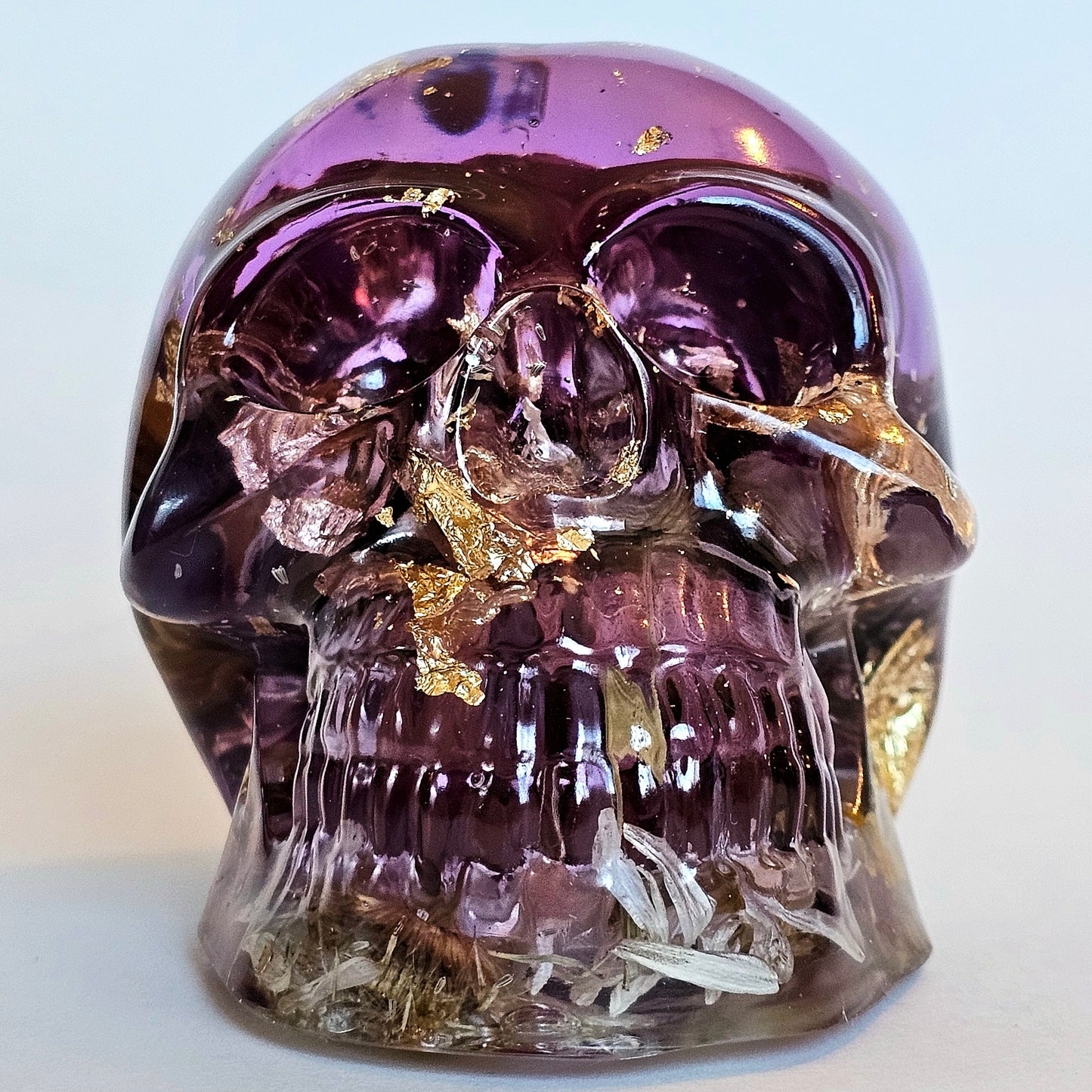 #0211 Handmade Resin Skull - Mixed wild flowers in purple resin