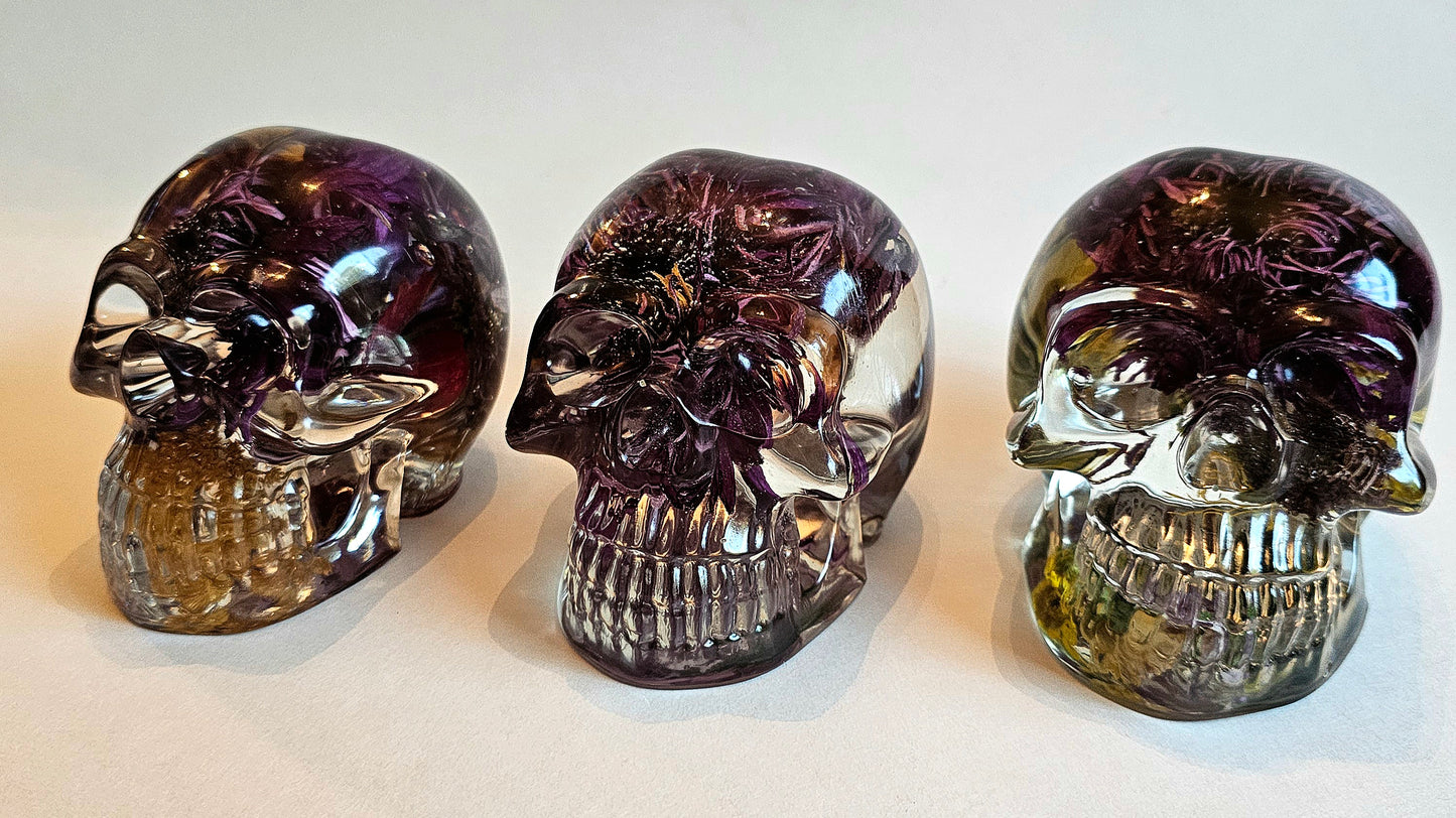 #0217, #0227, #0232 - 3 piece matching set Handmade Resin Skull - Large purple Aster flower in clear resin, get the set!