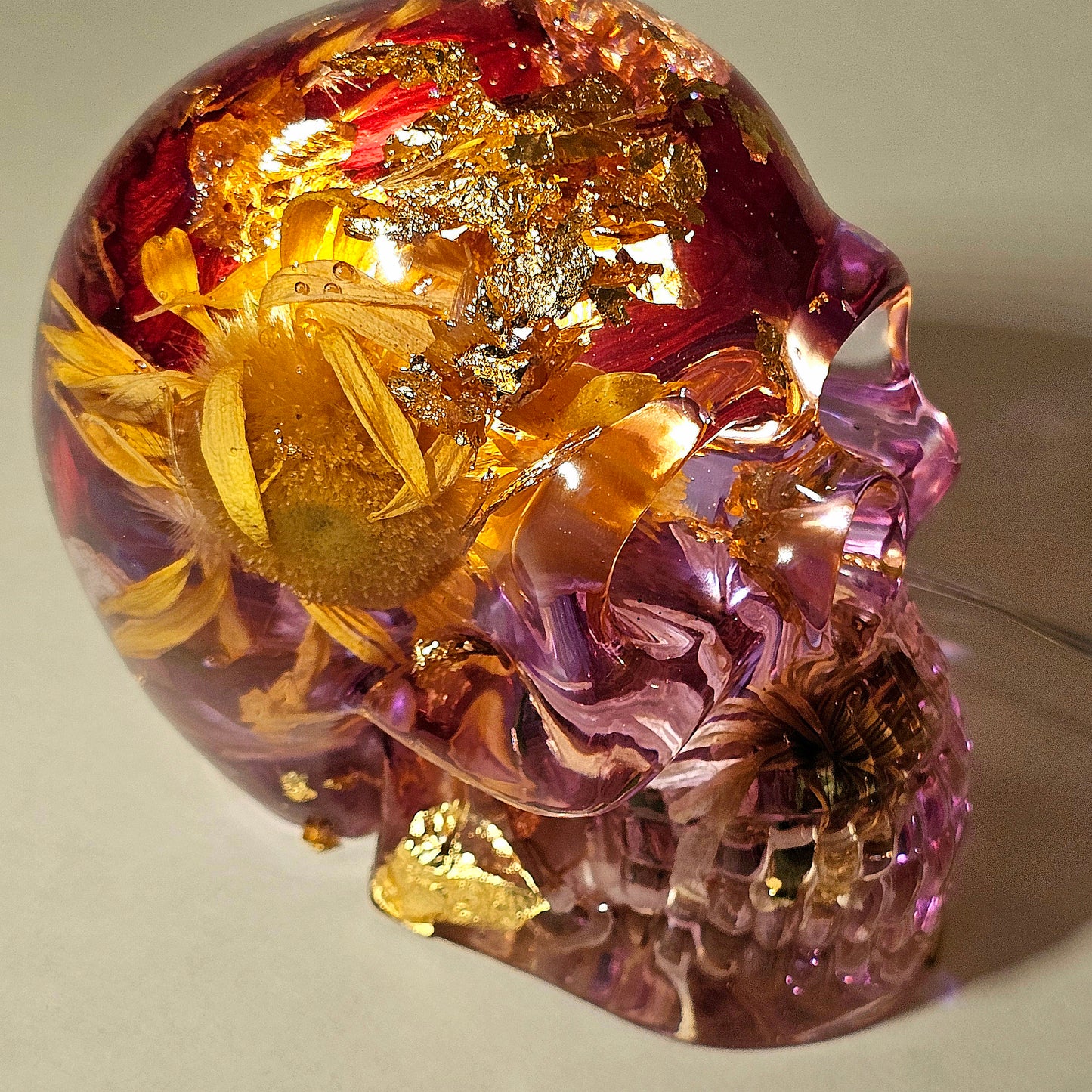 #0269 Handmade Resin Skull - Mixed flowers in clear resin. HAS LIGHTS. Battery operated.