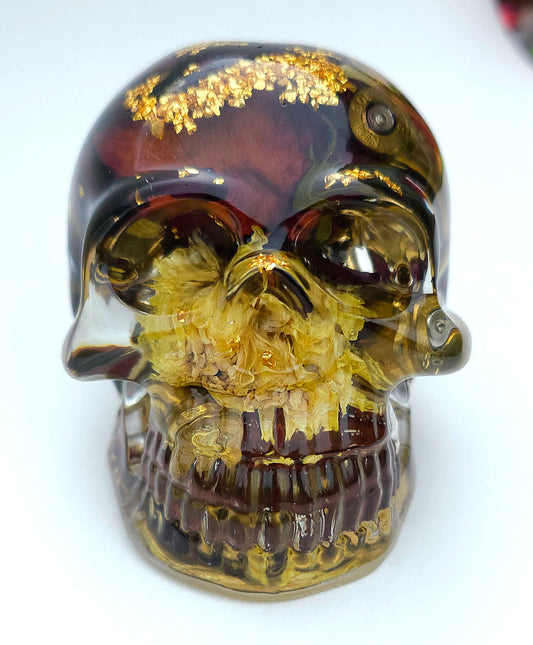 *SOLD*Handmade Resin Skull - with brass shell casings, wild Rose and purple flowers, plus gold accents.