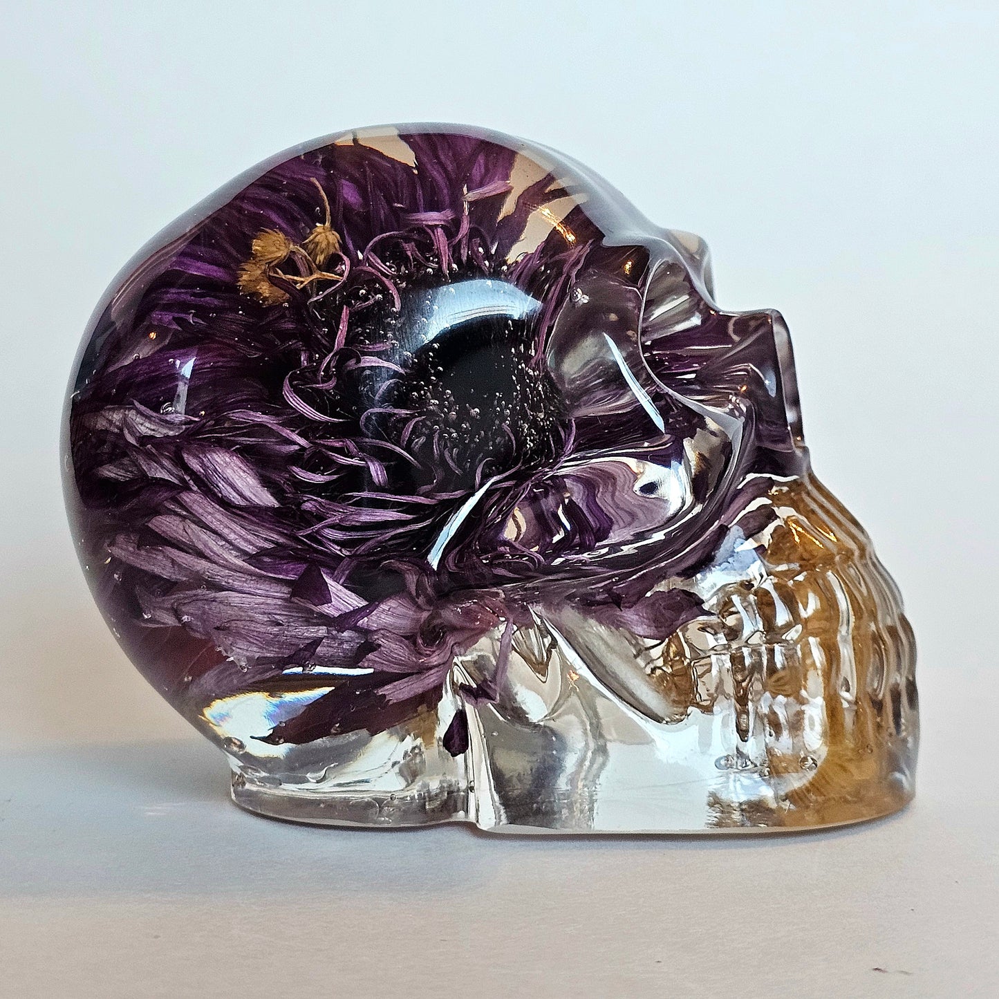 #0217, #0227, #0232 - 3 piece matching set Handmade Resin Skull - Large purple Aster flower in clear resin, get the set!