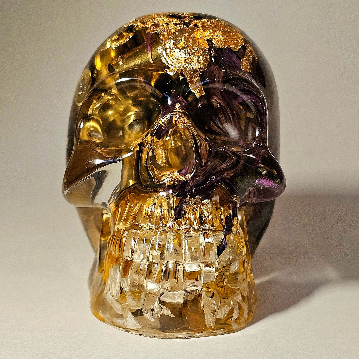 #0256 Handmade Resin Skull - Mixed wild flowers with brass