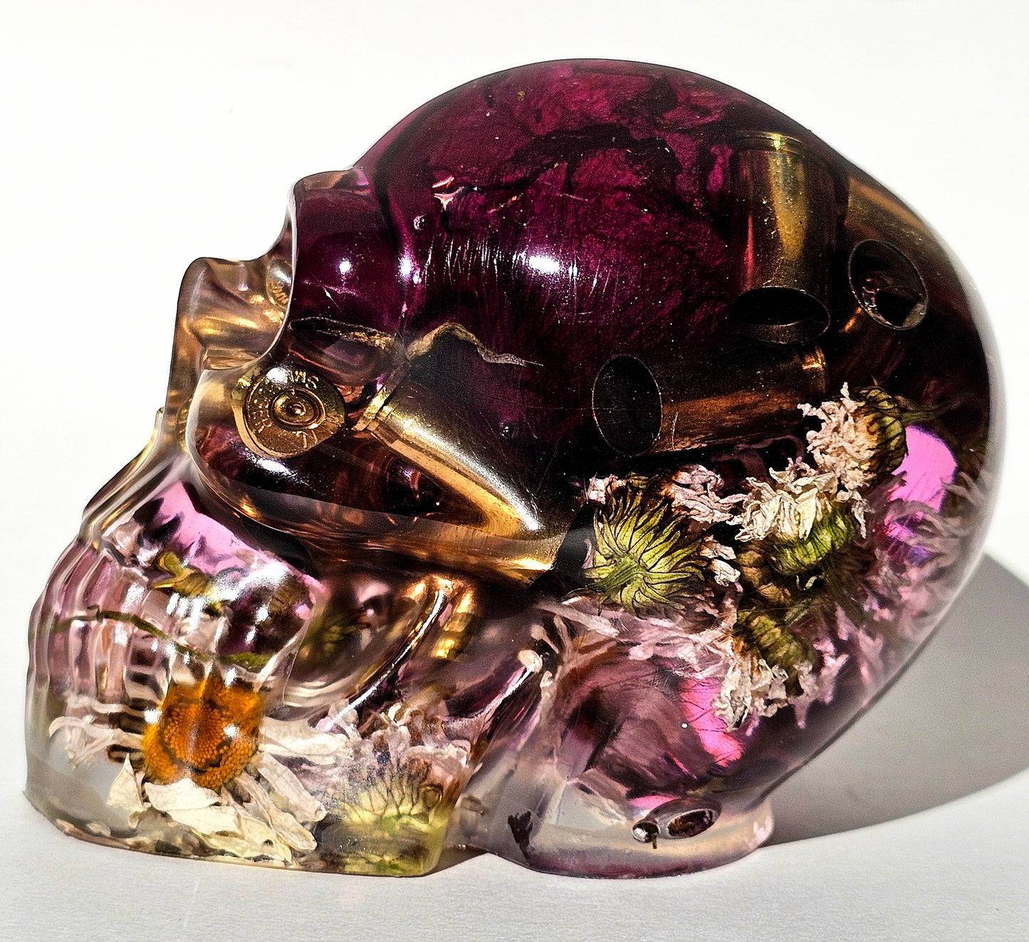 #0282 - Handmade Resin Skull - Mixed flowers, with large wild rose and brass accent