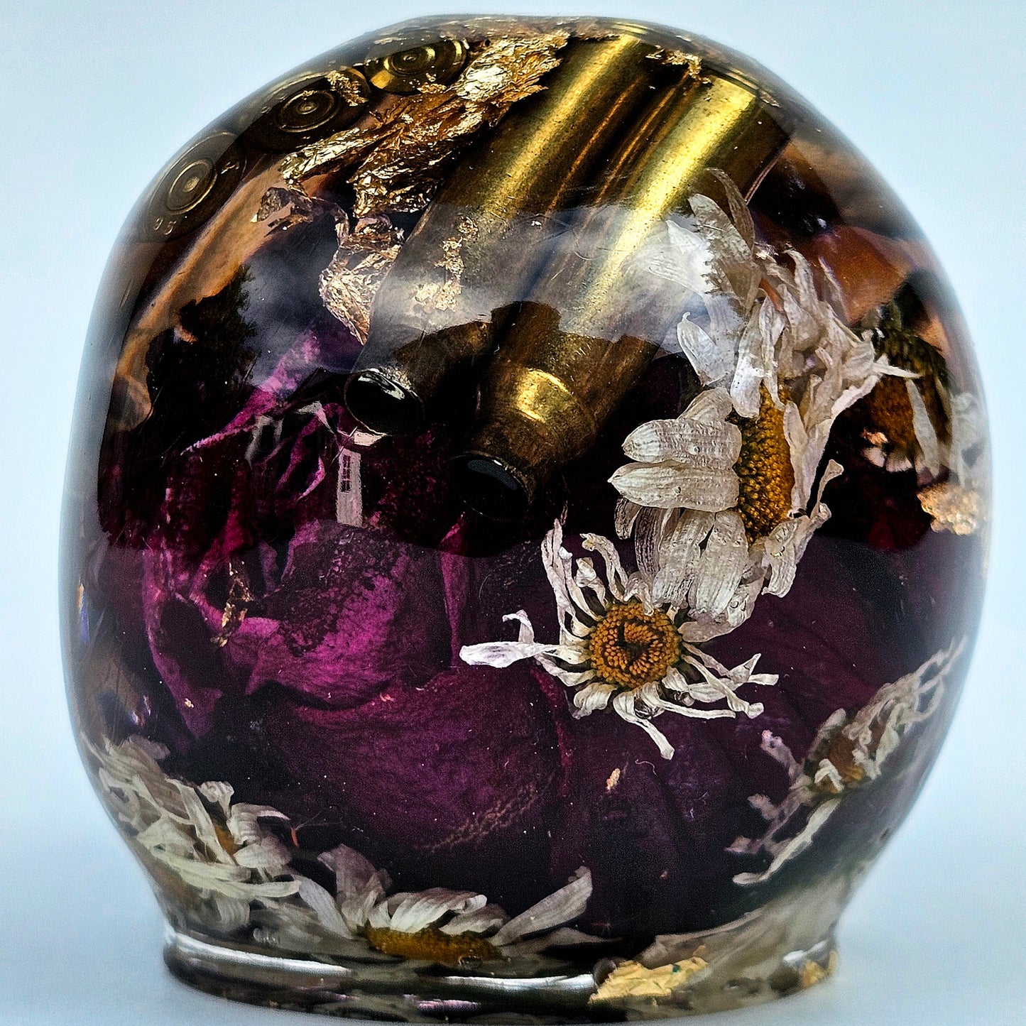 #0280 Handmade Resin Skull - Large Rose, Daisies, and mixed flowers with brass in clear resin and gold accents