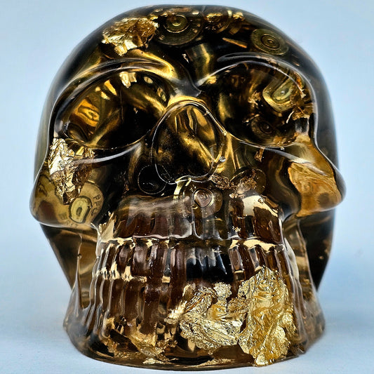 #0279 Handmade Resin Skull - Brass in clear resin with gold accents