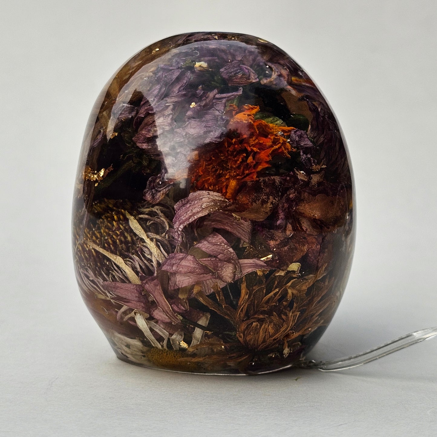 #0297 - Handmade Resin Skull - Autumn flower blend with gold foil. This one lights up! HAS LIGHTS!
