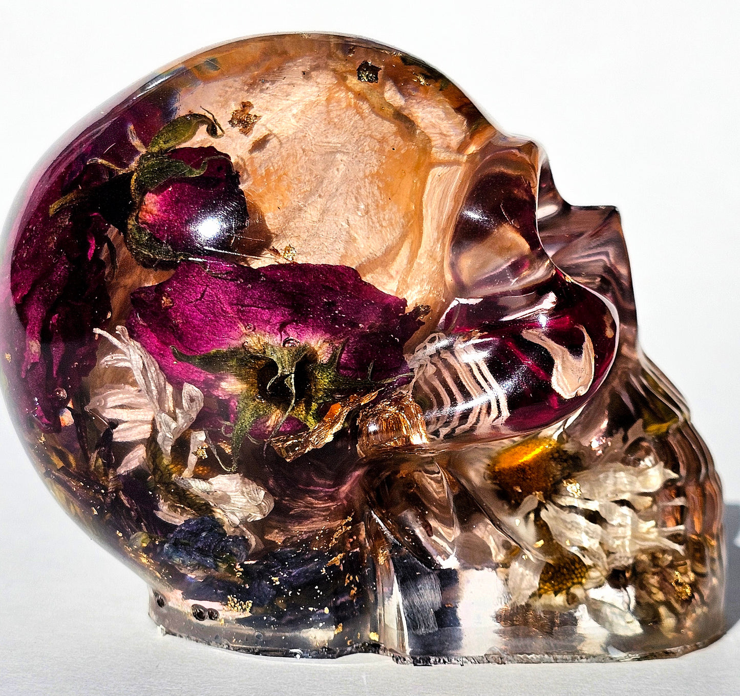 #0283 - Handmade Resin Skull - Mixed flowers, with large wild white rose, and red wild roses