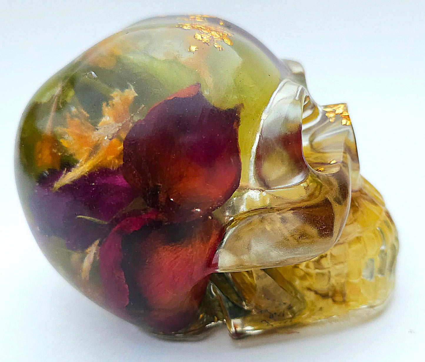 *SOLD*Handmade Resin Skull - Wild Rose pedals with wild flowers and mixed foliage, plus gold accents.