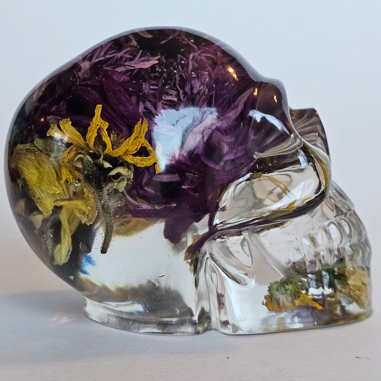 #0217, #0227, #0232 - 3 piece matching set Handmade Resin Skull - Large purple Aster flower in clear resin, get the set!