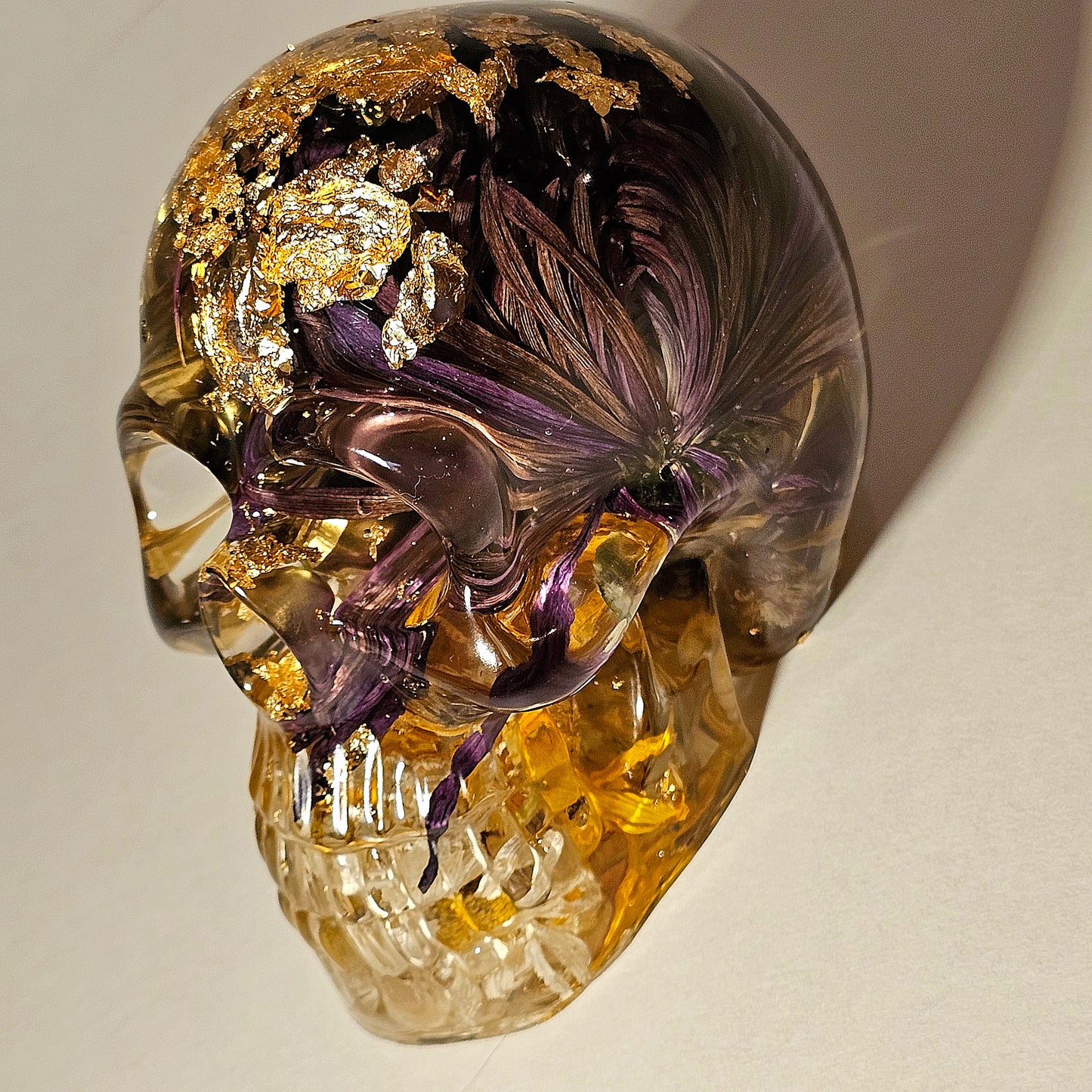 #0256 Handmade Resin Skull - Mixed wild flowers with brass