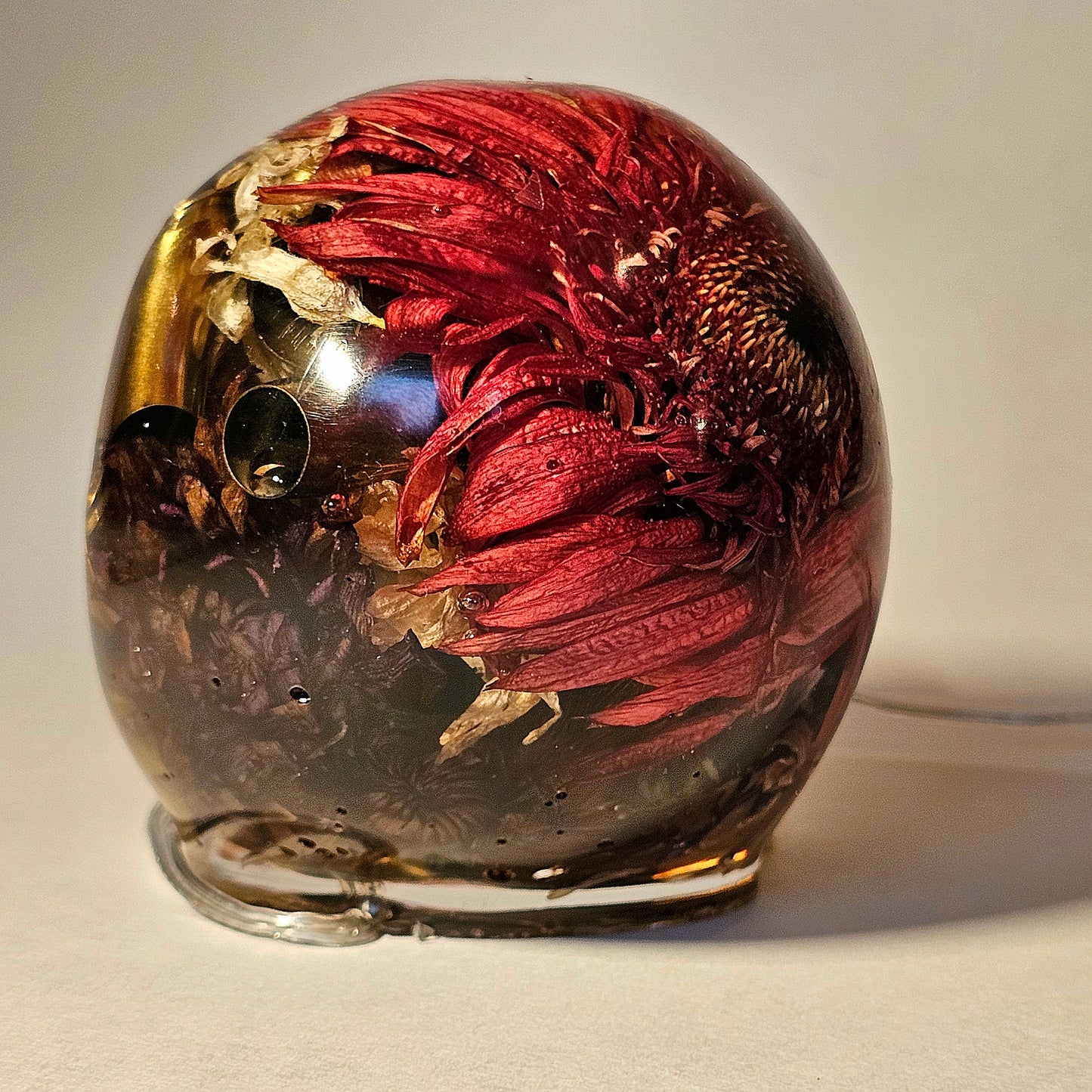#0263 Handmade Resin Skull - Mixed flowers with brass in clear resin, very nice piece. HAS LIGHTS. Battery operated.
