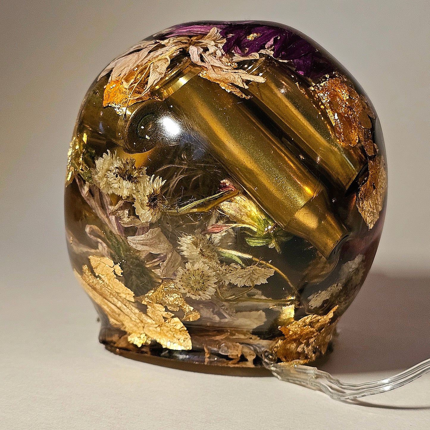 #0258 Handmade Resin Skull - Mixed wild flowers with brass in clear resin - HAS LIGHTS! Battery opterated.