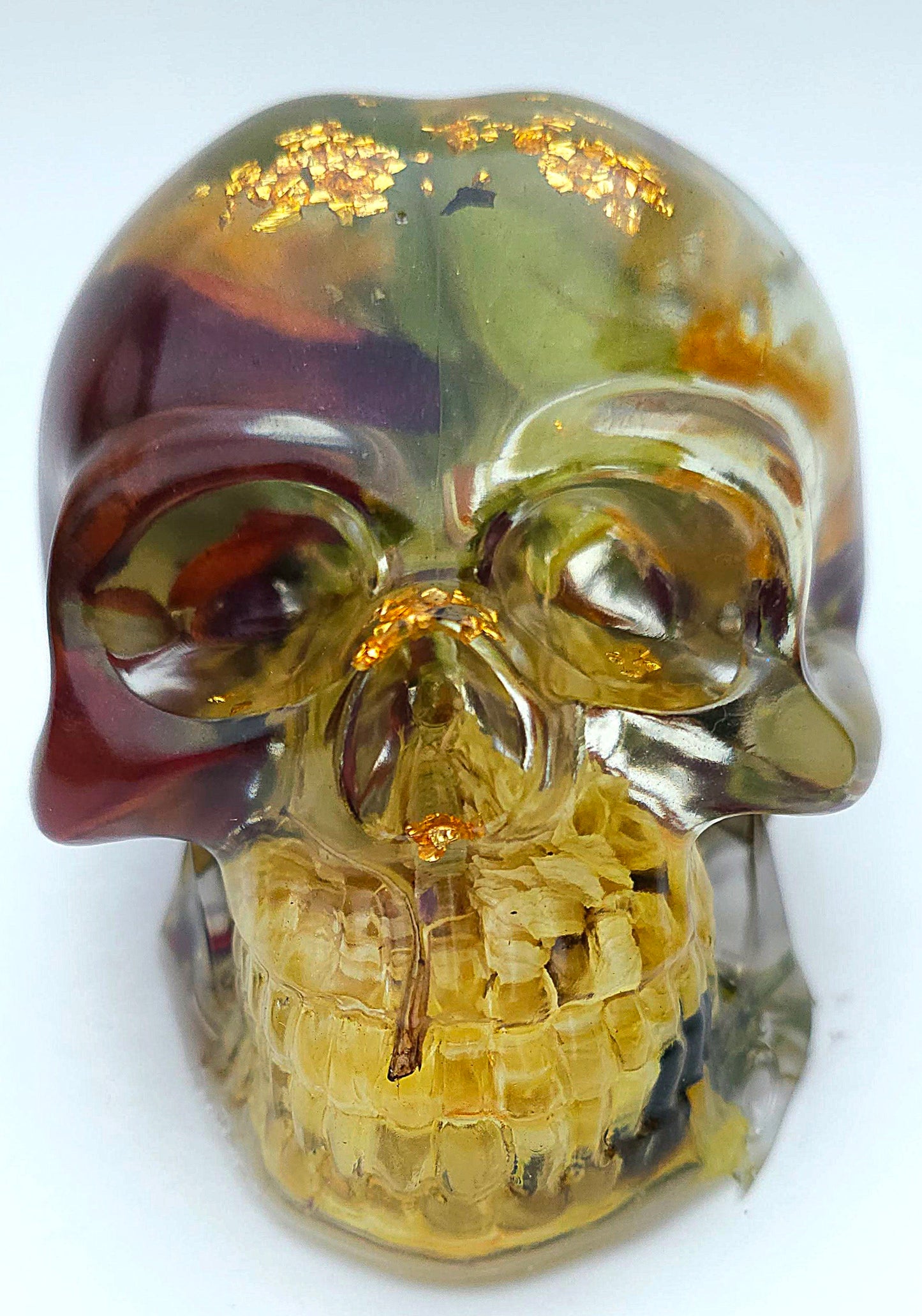 *SOLD*Handmade Resin Skull - Wild Rose pedals with wild flowers and mixed foliage, plus gold accents.