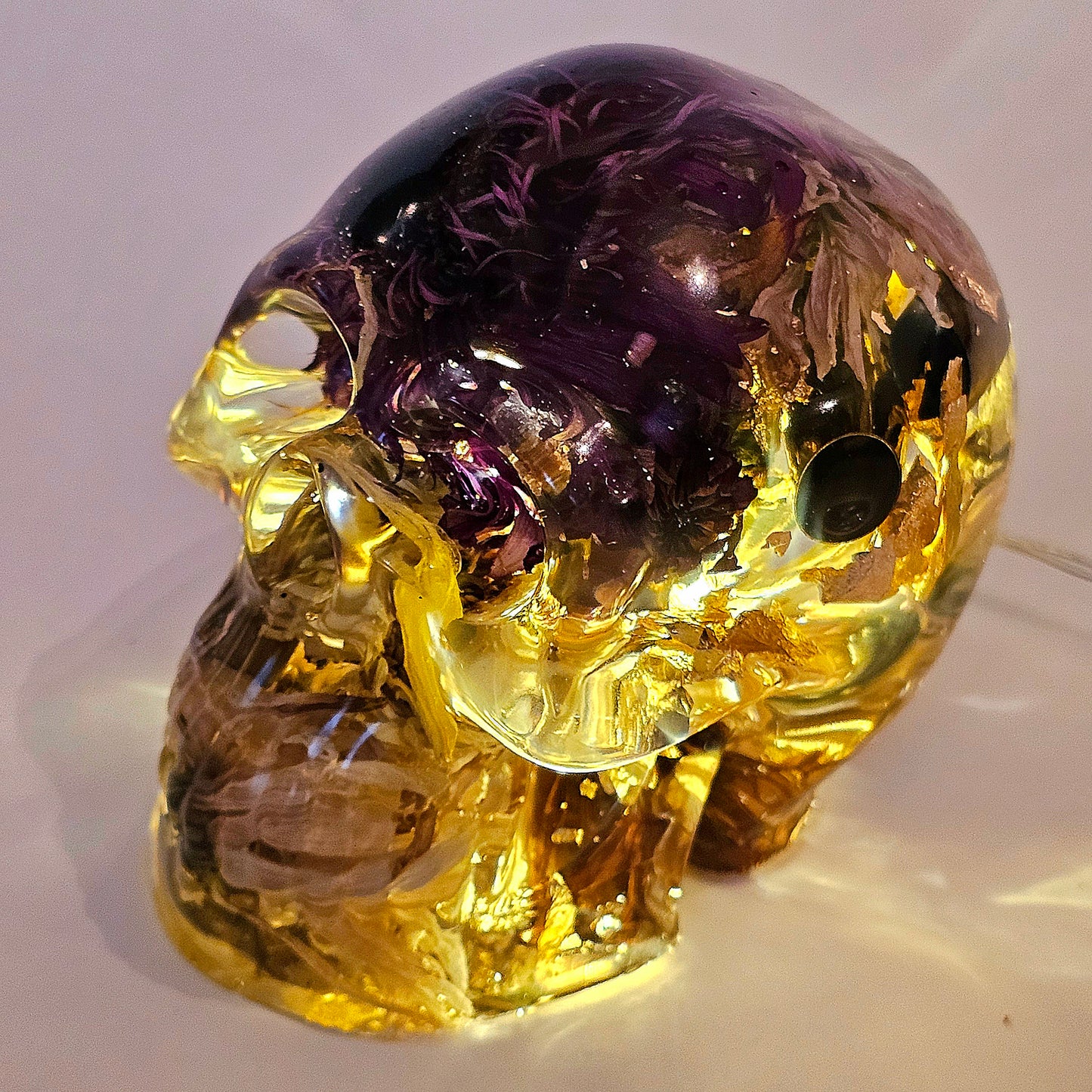 #0258 Handmade Resin Skull - Mixed wild flowers with brass in clear resin - HAS LIGHTS! Battery opterated.