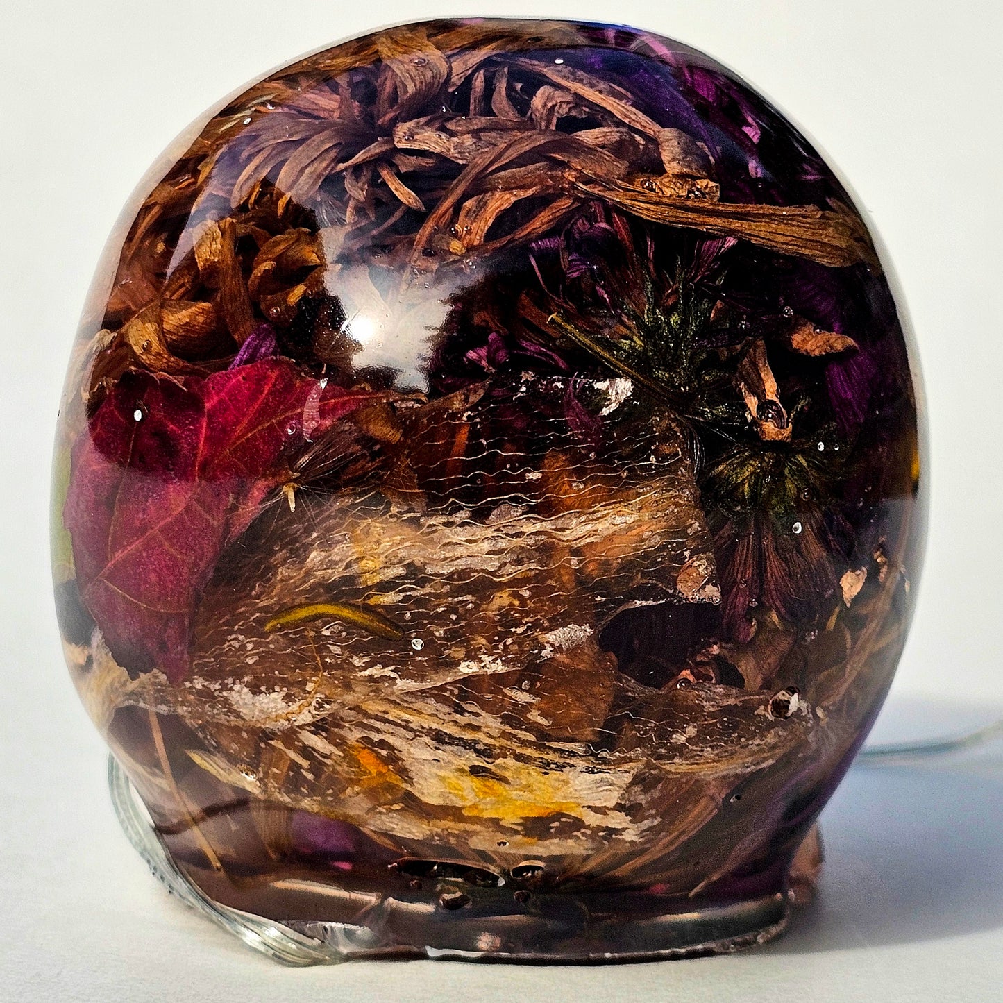 #0290 - Handmade Resin Skull - One of my favorites. Autumn flower blend with excellent contrast. This one lights up!           HAS LIGHTS!