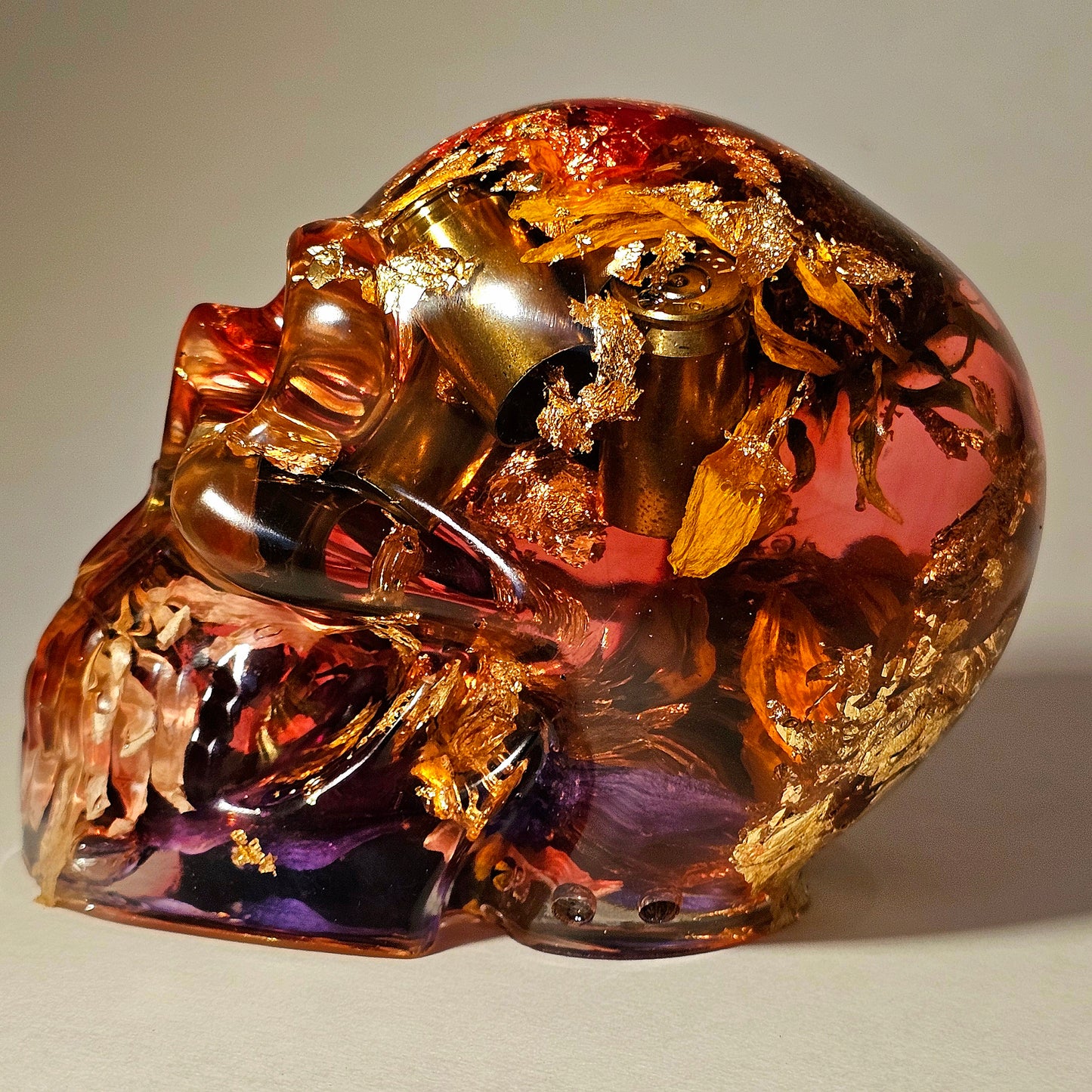 #0257 Handmade Resin Skull - Mixed wild flowers with brass with light red resin