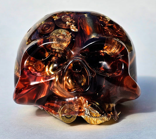 SOLD#0287 - Handmade Resin Skull -    We call it the "Halfer". Fun piece, in red resin with brass hanging out the bottom. Gold accents.