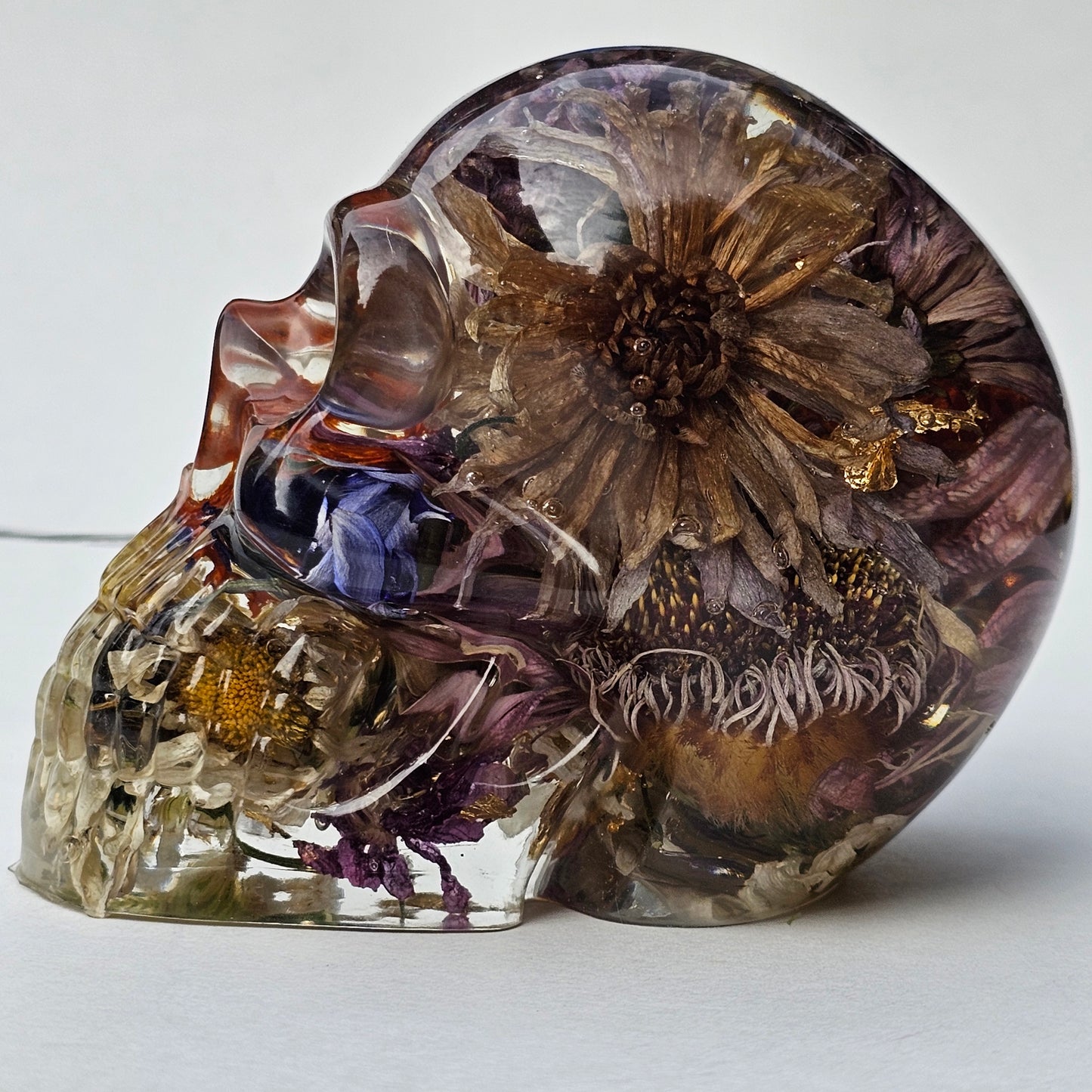 #0297 - Handmade Resin Skull - Autumn flower blend with gold foil. This one lights up! HAS LIGHTS!