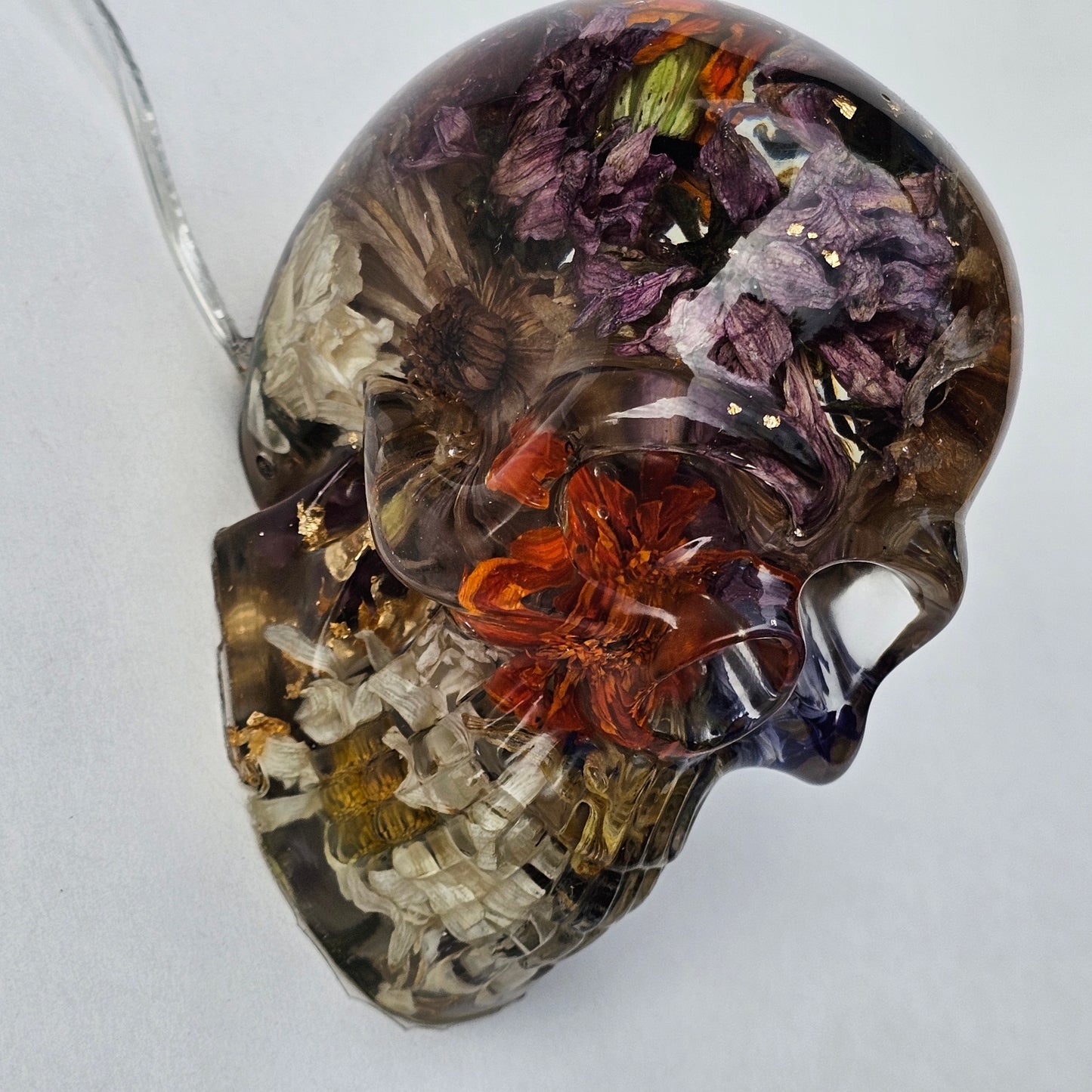 #0297 - Handmade Resin Skull - Autumn flower blend with gold foil. This one lights up! HAS LIGHTS!