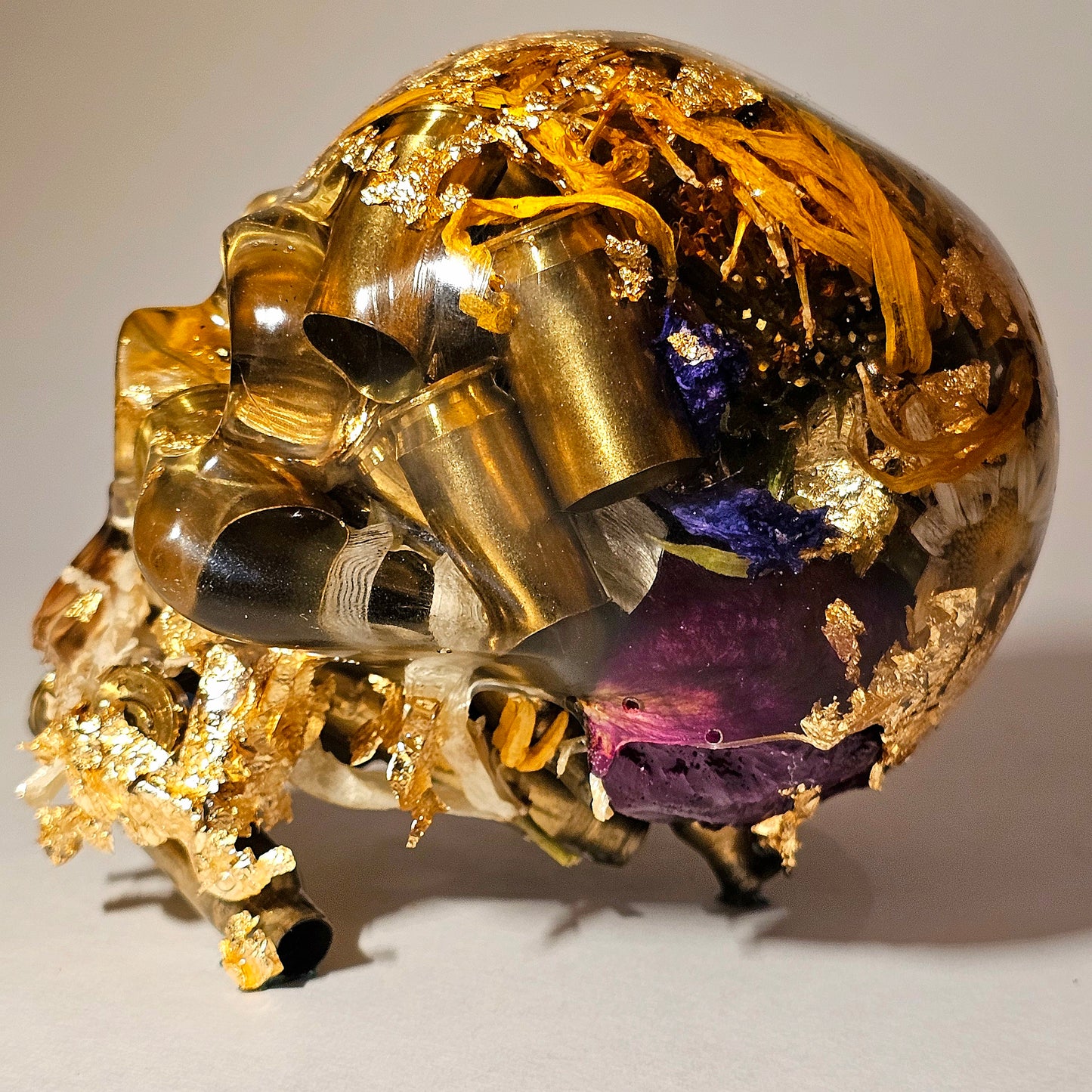 #0275 Handmade Resin Skull - Mixed flowers and brass in clear resin. One of a kind for sure.
