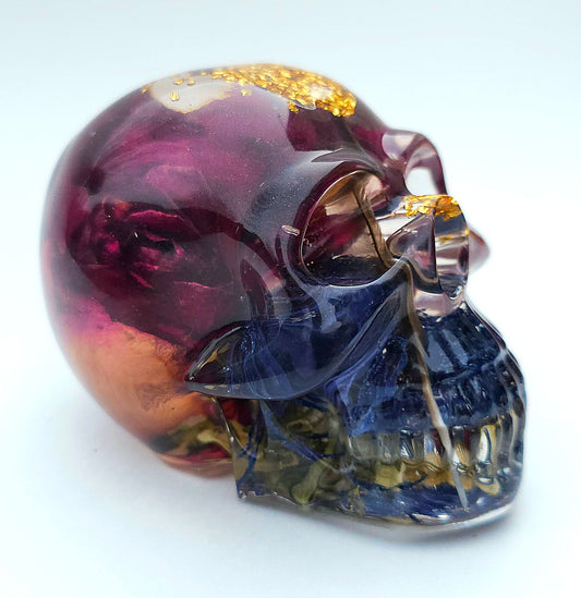 *SOLD*Handmade Resin Skull - Large wild Rose, with blue flower mixture. Also, a small feather.