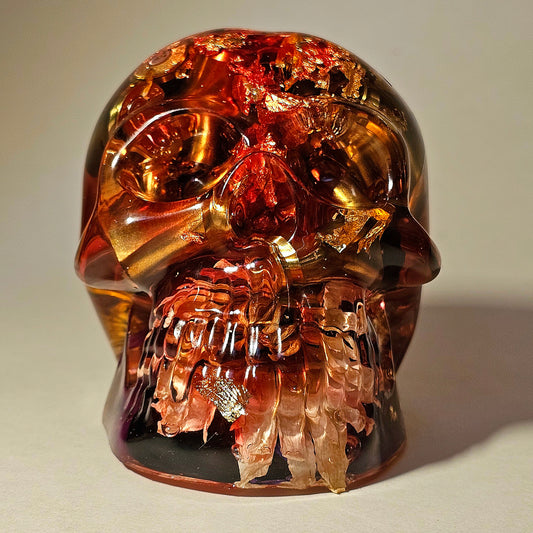 #0257 Handmade Resin Skull - Mixed wild flowers with brass with light red resin