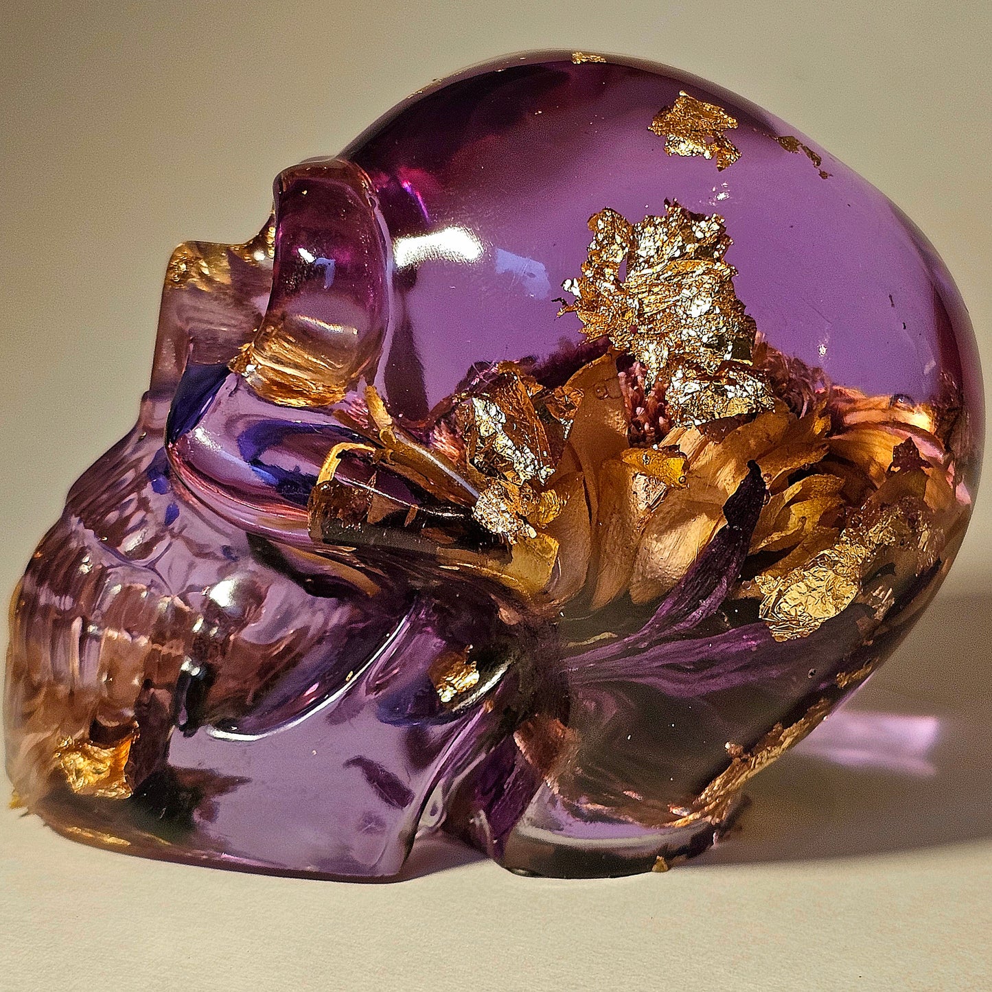 SOLD#0255 Handmade Resin Skull - Mixed wild flowers with light purple resin