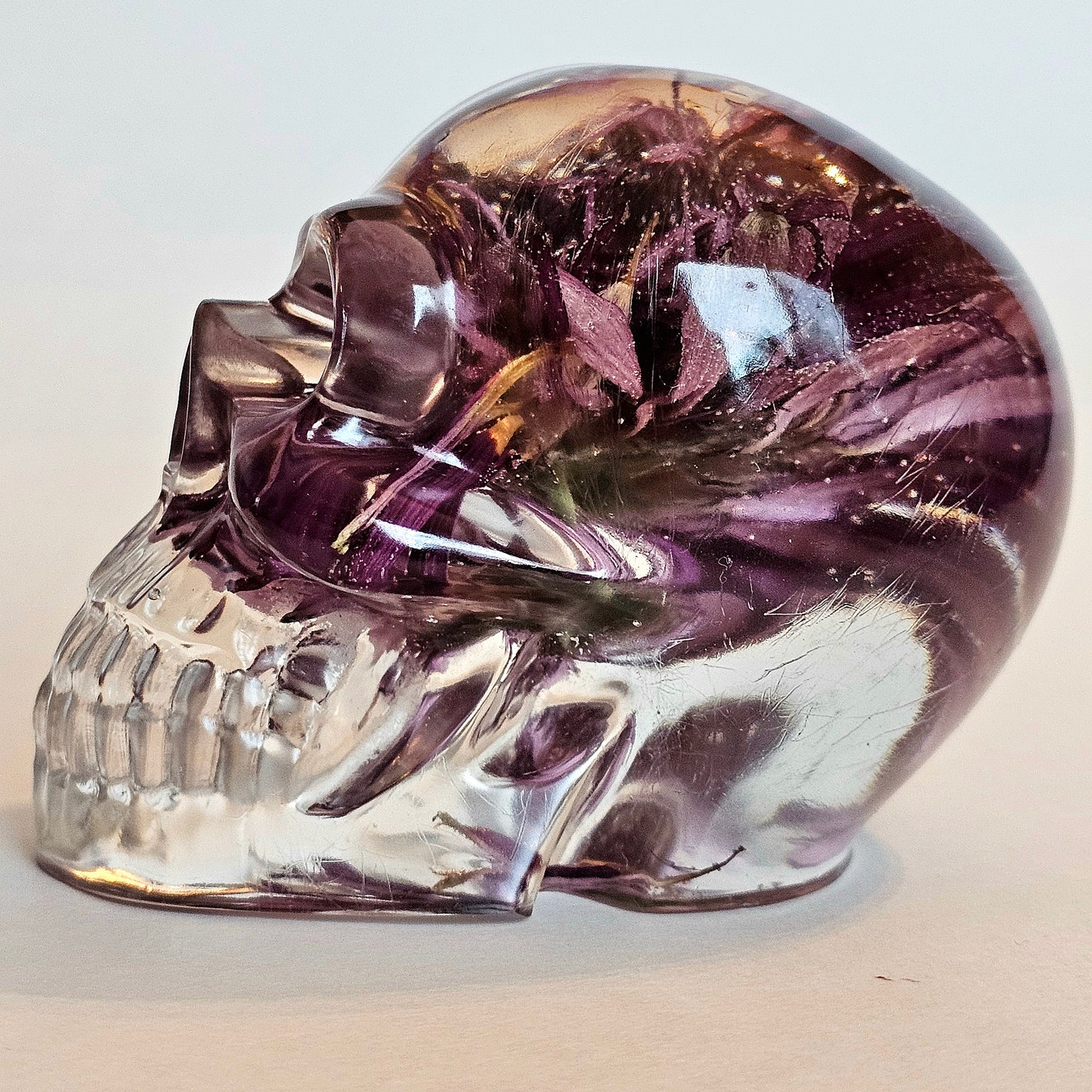 #0217, #0227, #0232 - 3 piece matching set Handmade Resin Skull - Large purple Aster flower in clear resin, get the set!