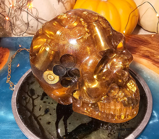 *SOLD*Handmade Resin Skull - with brass shells and gold flake.