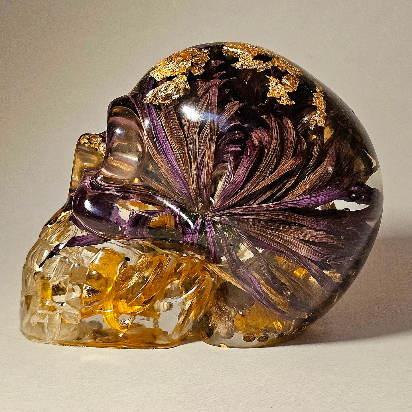 #0256 Handmade Resin Skull - Mixed wild flowers with brass