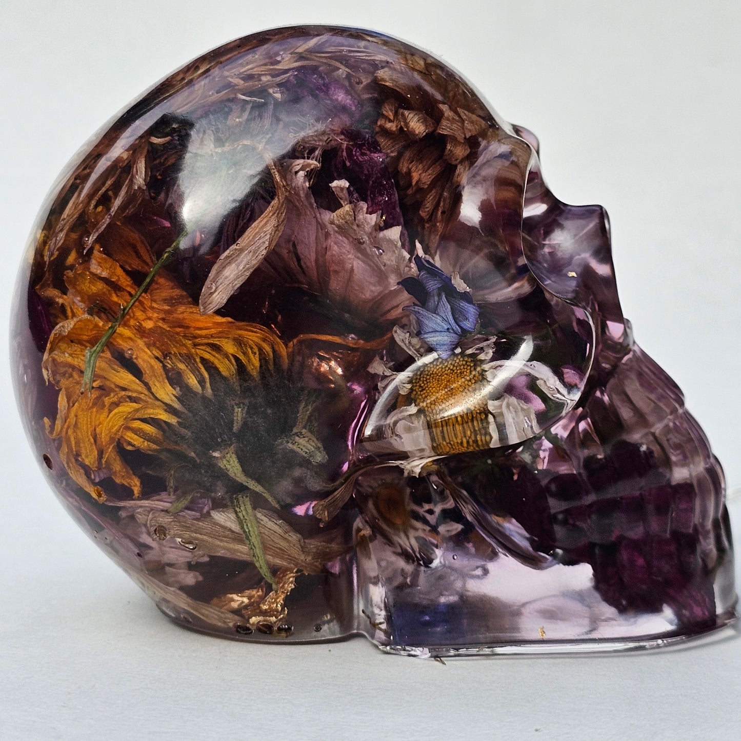 #0294 - Handmade Resin Skull - Autumn flower blend in light purple resin. This one lights up! HAS LIGHTS!