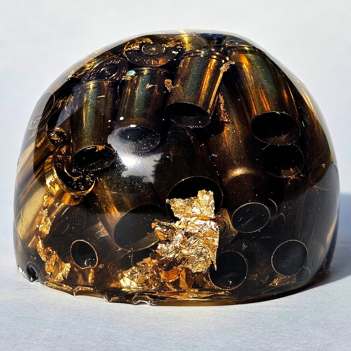 SOLD #0288 - Handmade Resin Skull -    We call it the "Halfer". Fun piece, in clear resin with brass hanging out the bottom. Gold accents.