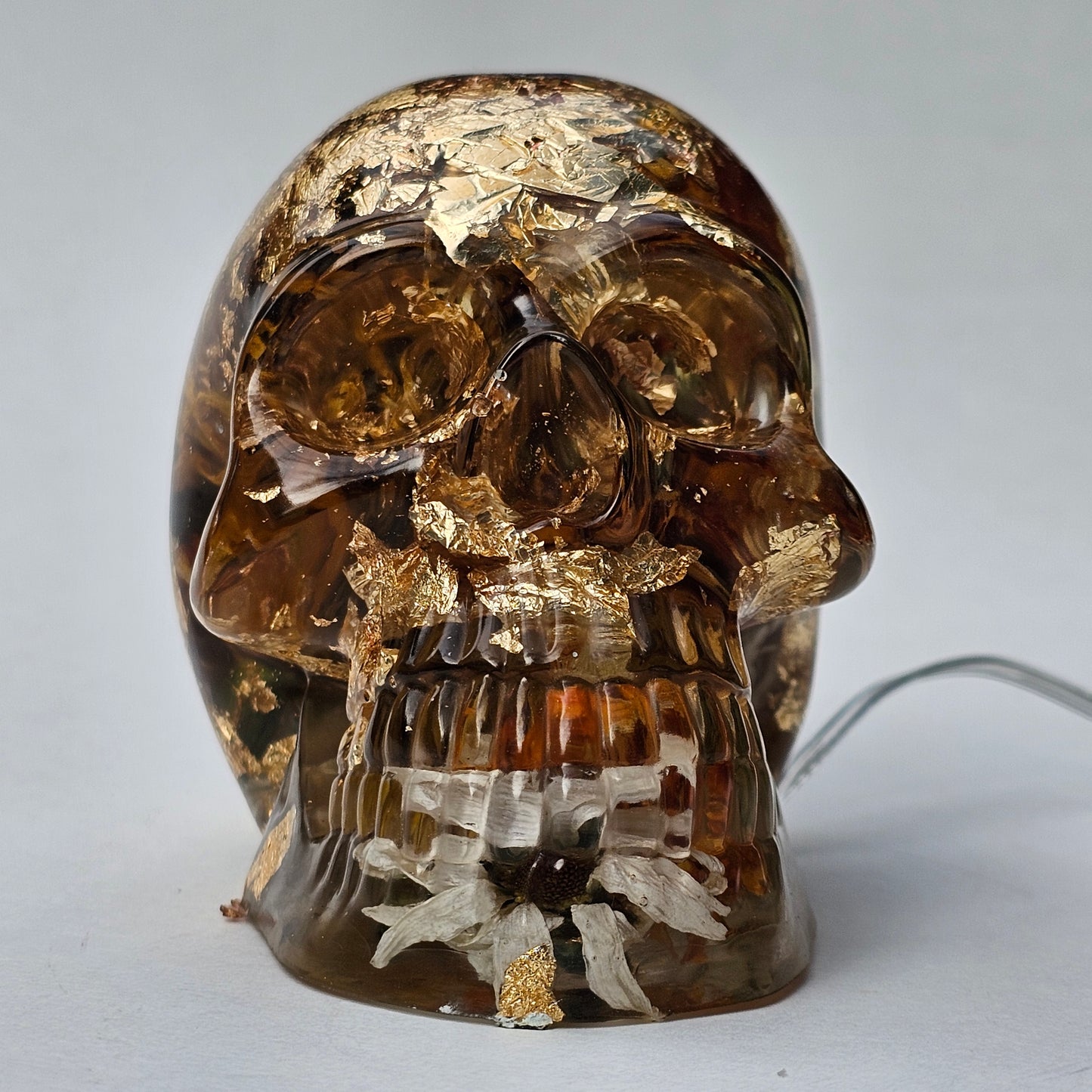 #0295 - Handmade Resin Skull - Autumn flower blend with gold foil. This one lights up! HAS LIGHTS!