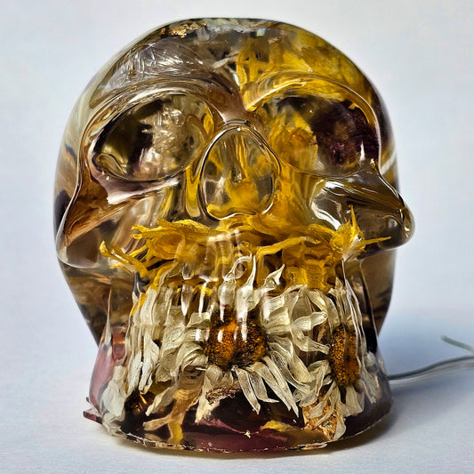 #0291 - Handmade Resin Skull - Autumn flower blend with excellent contrast. This one lights up! HAS LIGHTS!