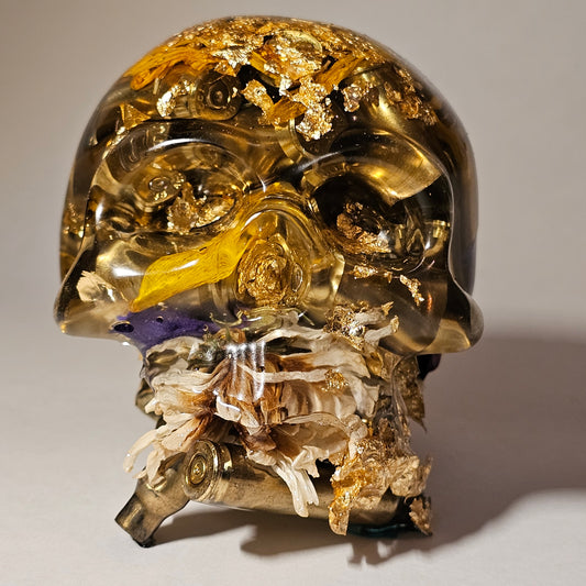 #0275 Handmade Resin Skull - Mixed flowers and brass in clear resin. One of a kind for sure.