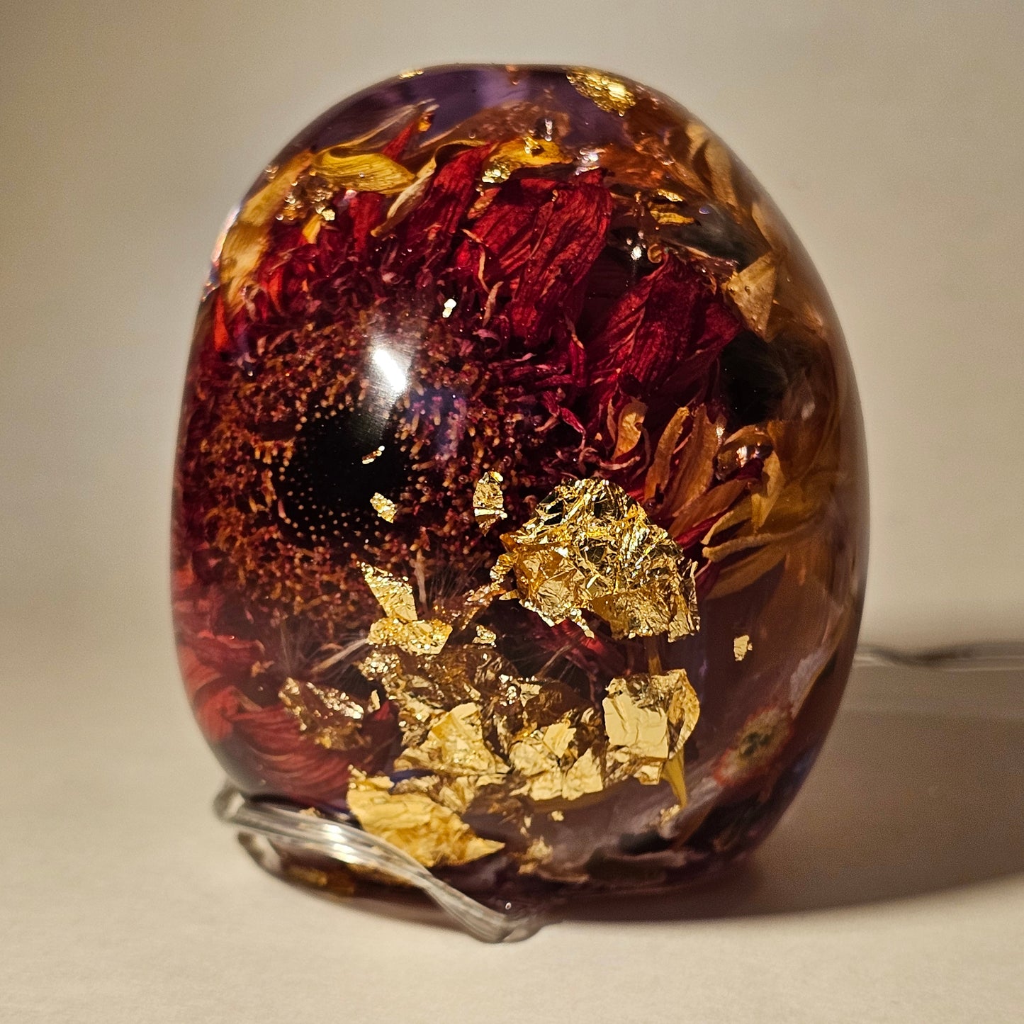 #0269 Handmade Resin Skull - Mixed flowers in clear resin. HAS LIGHTS. Battery operated.