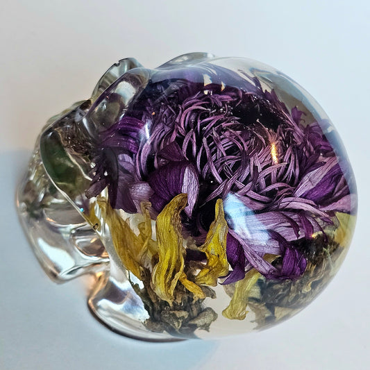 #0217, #0227, #0232 - 3 piece matching set Handmade Resin Skull - Large purple Aster flower in clear resin, get the set!