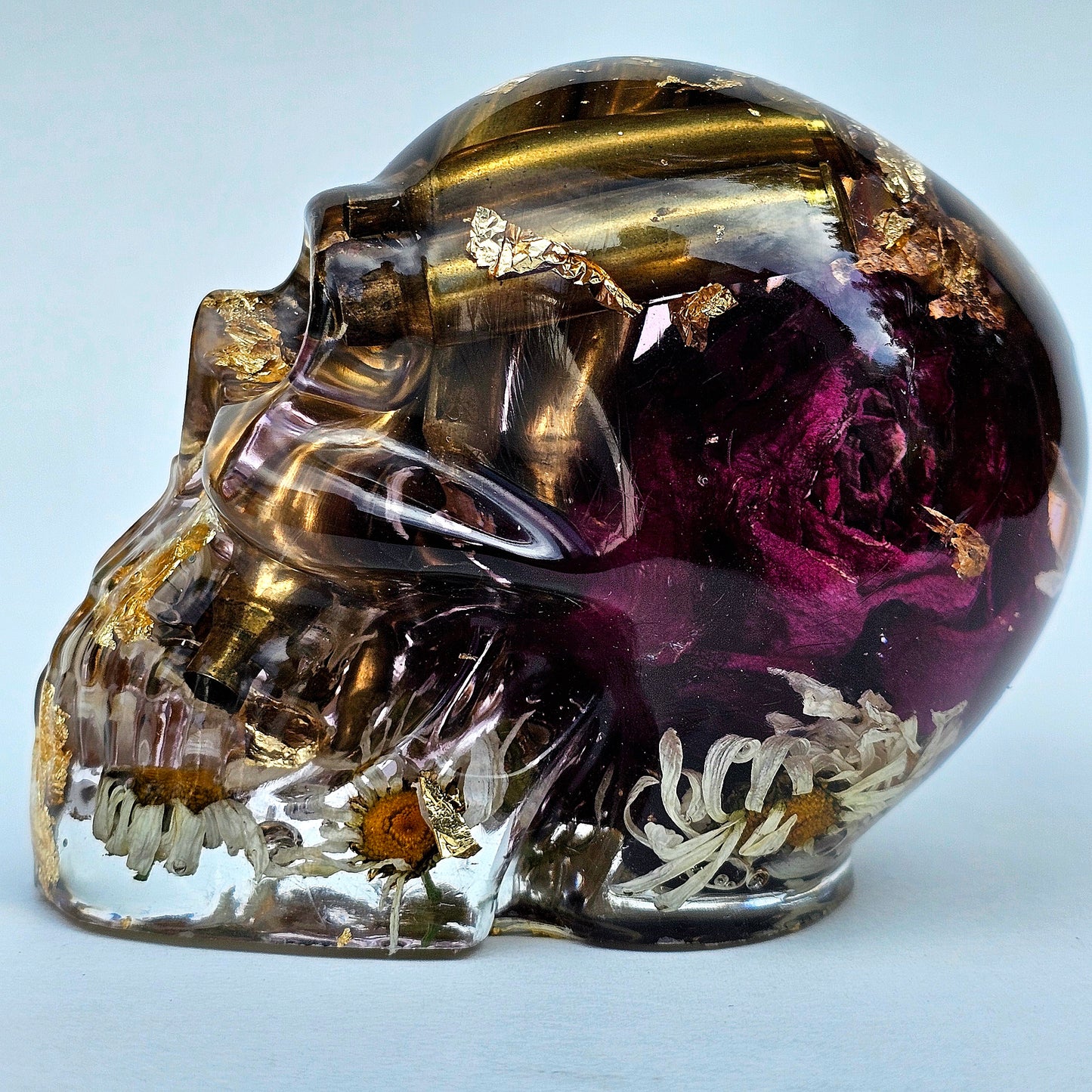#0280 Handmade Resin Skull - Large Rose, Daisies, and mixed flowers with brass in clear resin and gold accents
