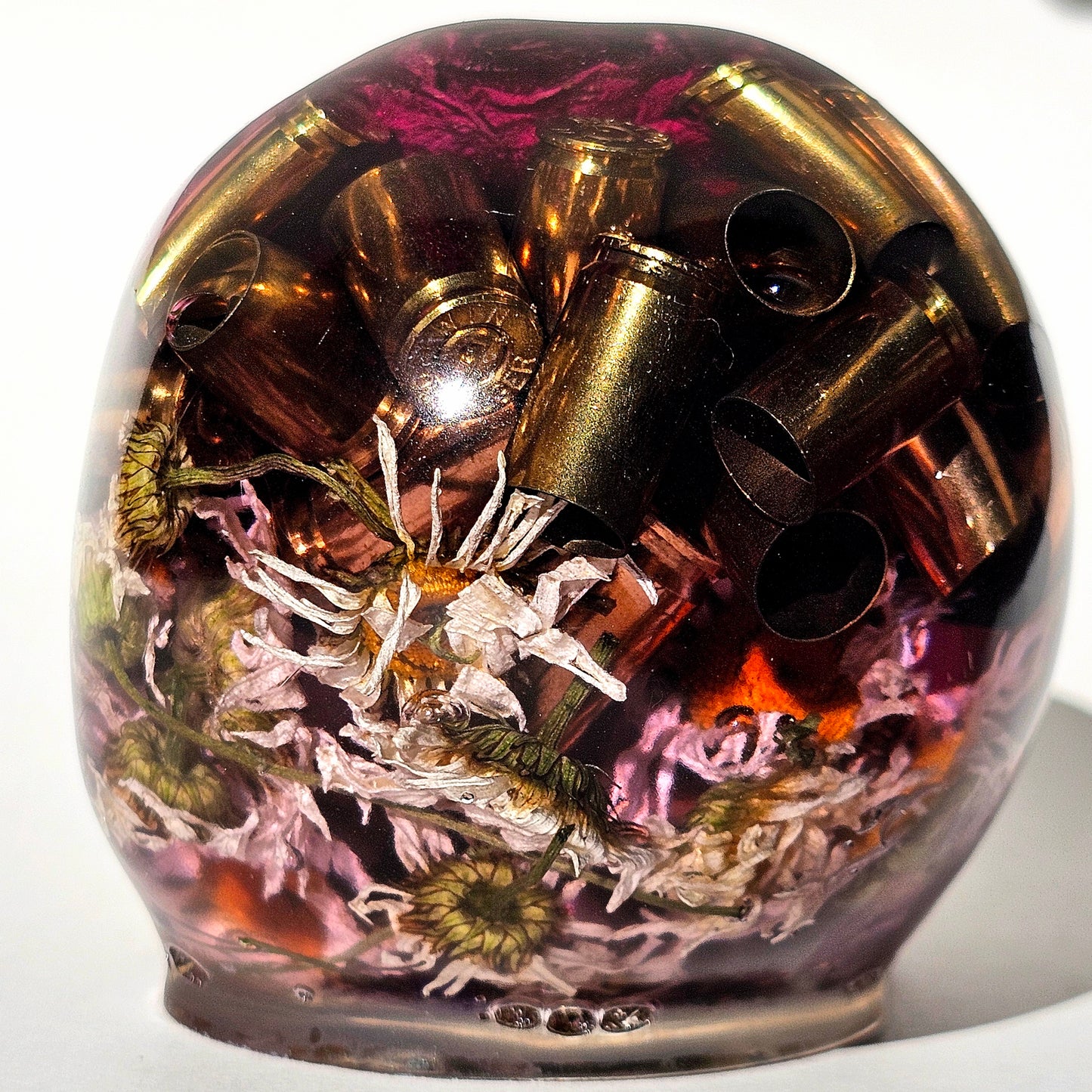 #0282 - Handmade Resin Skull - Mixed flowers, with large wild rose and brass accent