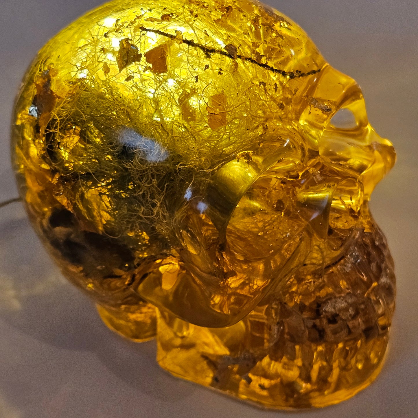 #0267 Handmade Resin Skull - Mixed tree lichen (Old mans beard) in clear resin, fun piece. HAS LIGHTS. Battery operated.
