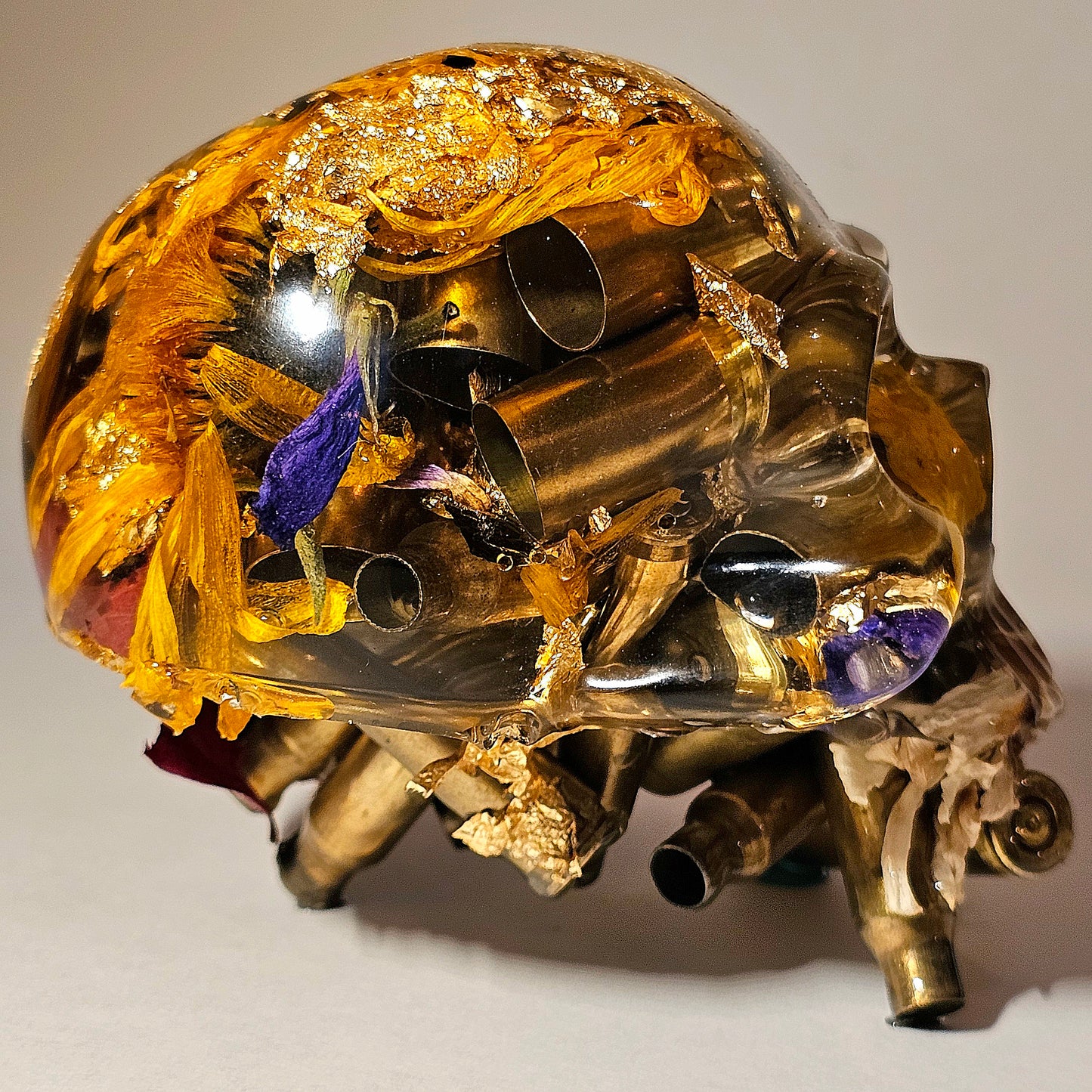 #0275 Handmade Resin Skull - Mixed flowers and brass in clear resin. One of a kind for sure.