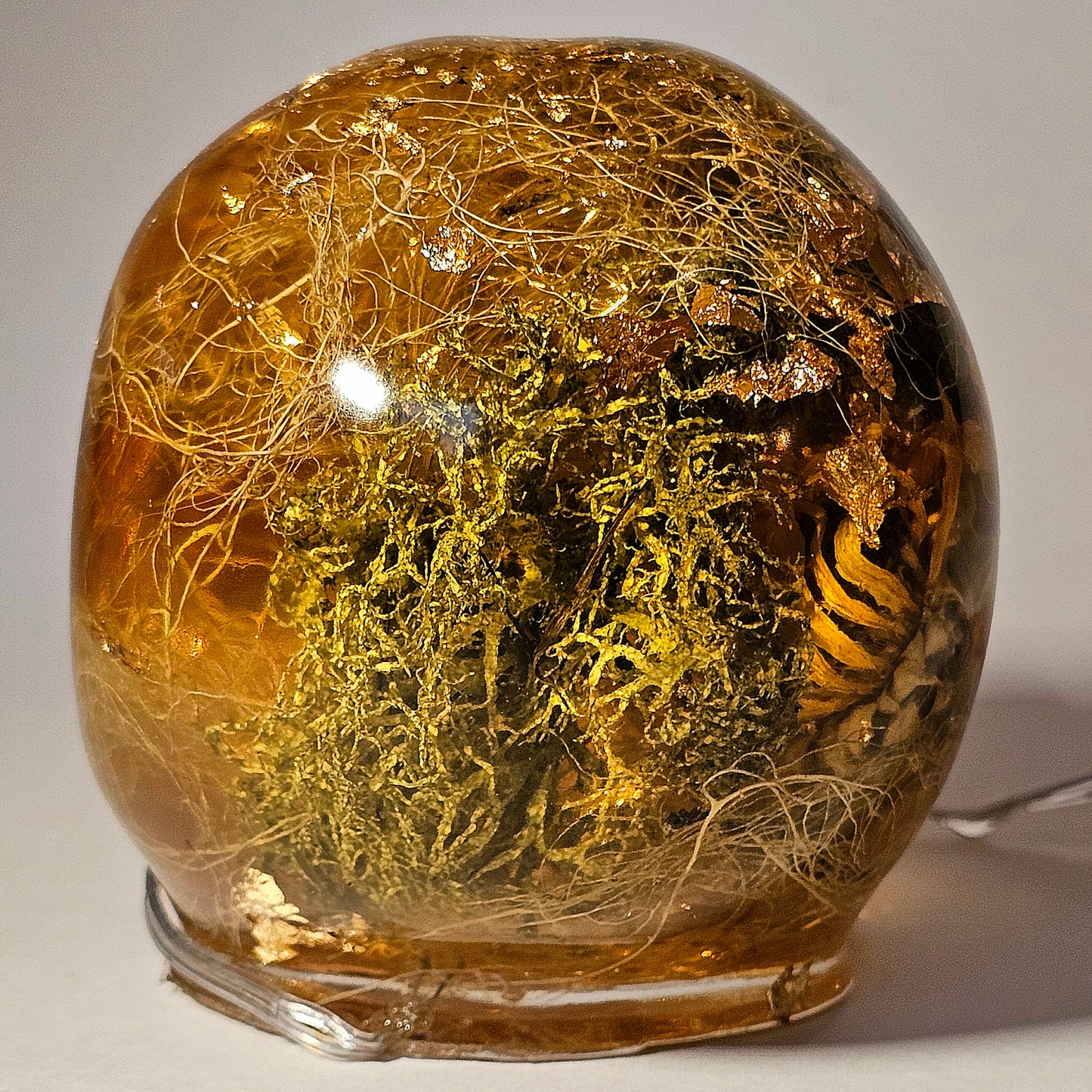 #0267 Handmade Resin Skull - Mixed tree lichen (Old mans beard) in clear resin, fun piece. HAS LIGHTS. Battery operated.