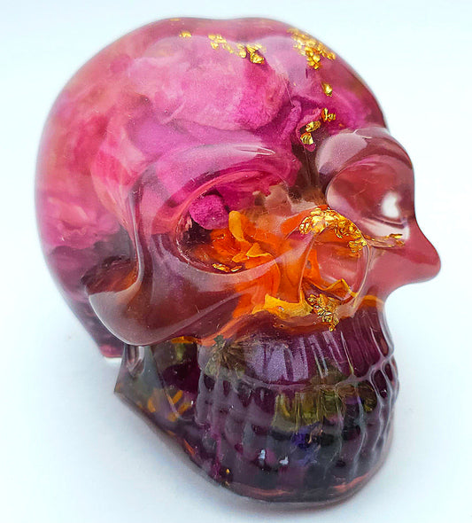 *SOLD*Handmade Resin Skull - Wild flowers in Amythest pigment with gold accents.