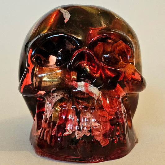 SOLD #0253 Handmade Resin Skull - Mixed wild flowers and brass in dripped red resin