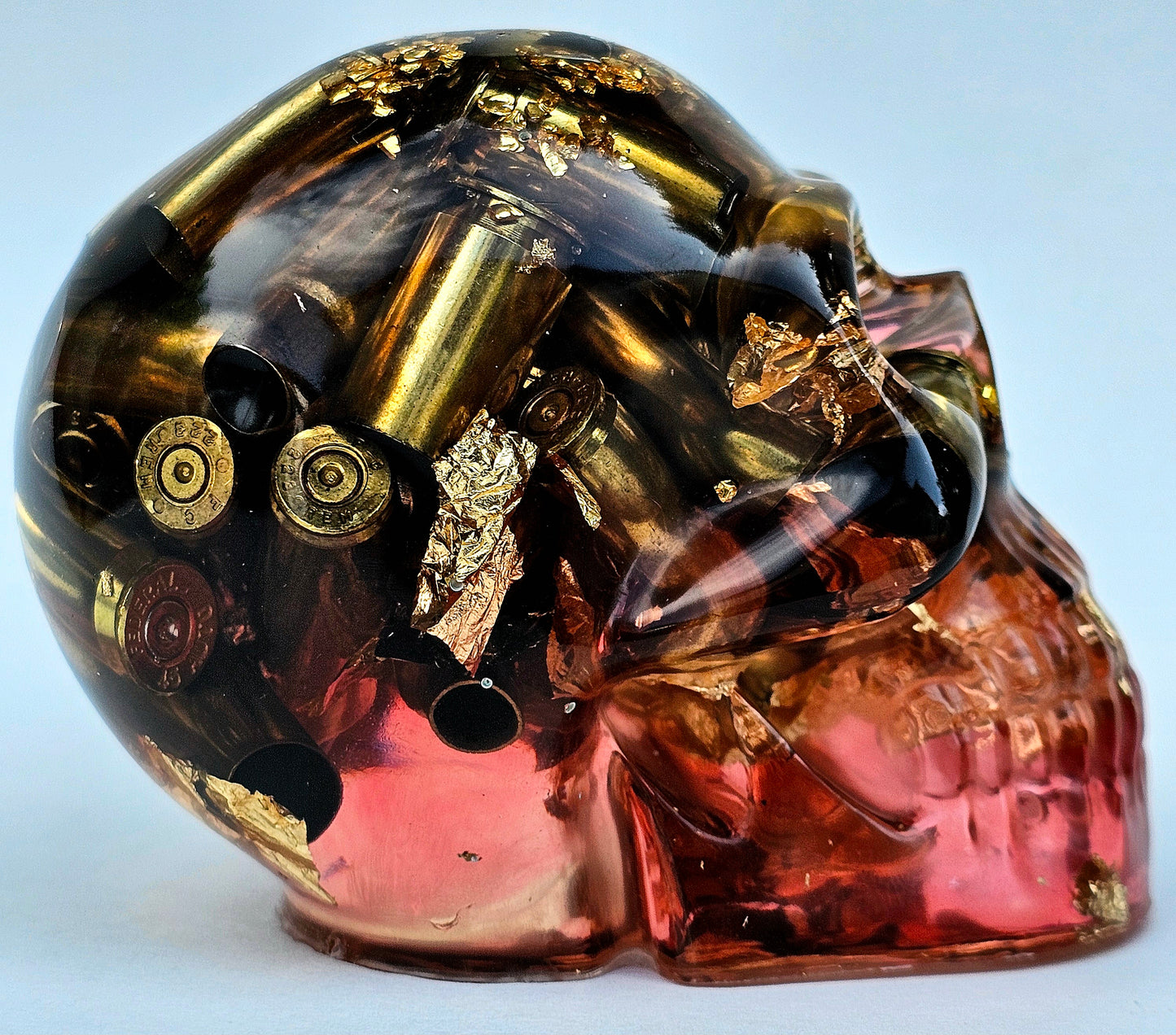 SOLD #0277 Handmade Resin Skull - Brass in red resin with gold accents