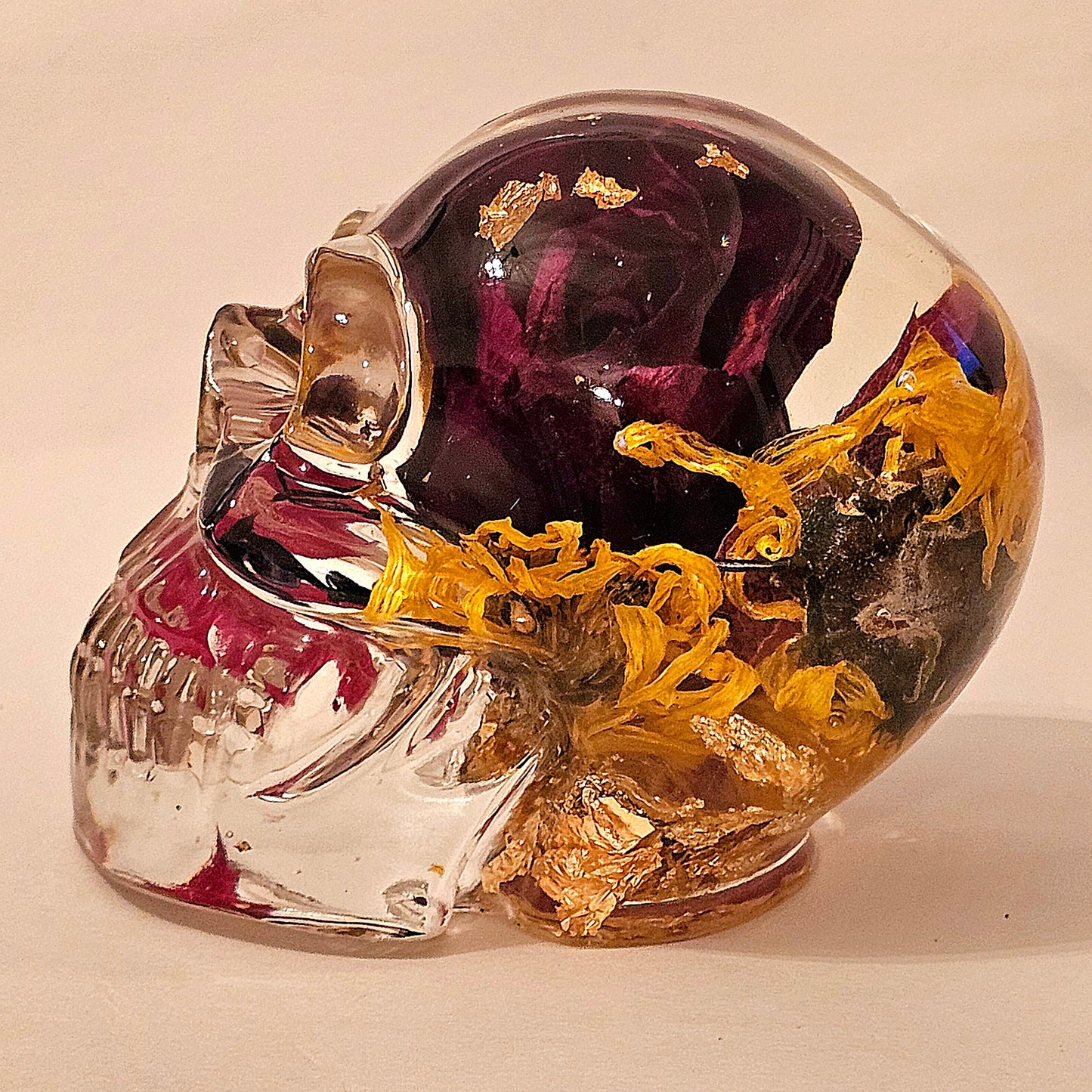 #0152 Handmade Resin Skull - Rose, with maple leaf sun flowers and gold