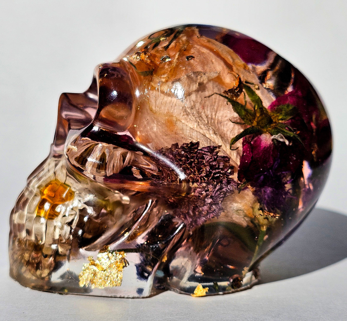 #0283 - Handmade Resin Skull - Mixed flowers, with large wild white rose, and red wild roses