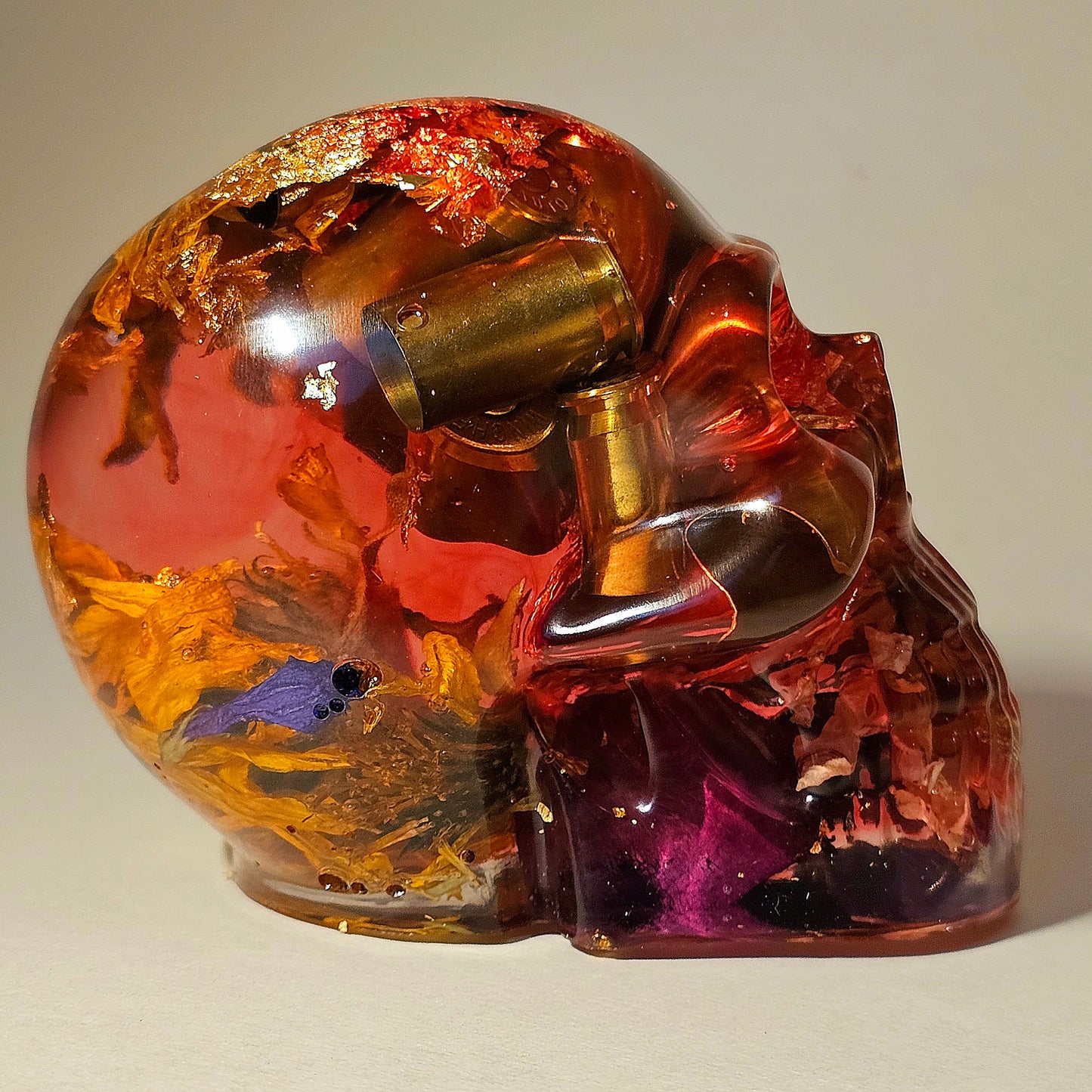 #0257 Handmade Resin Skull - Mixed wild flowers with brass with light red resin