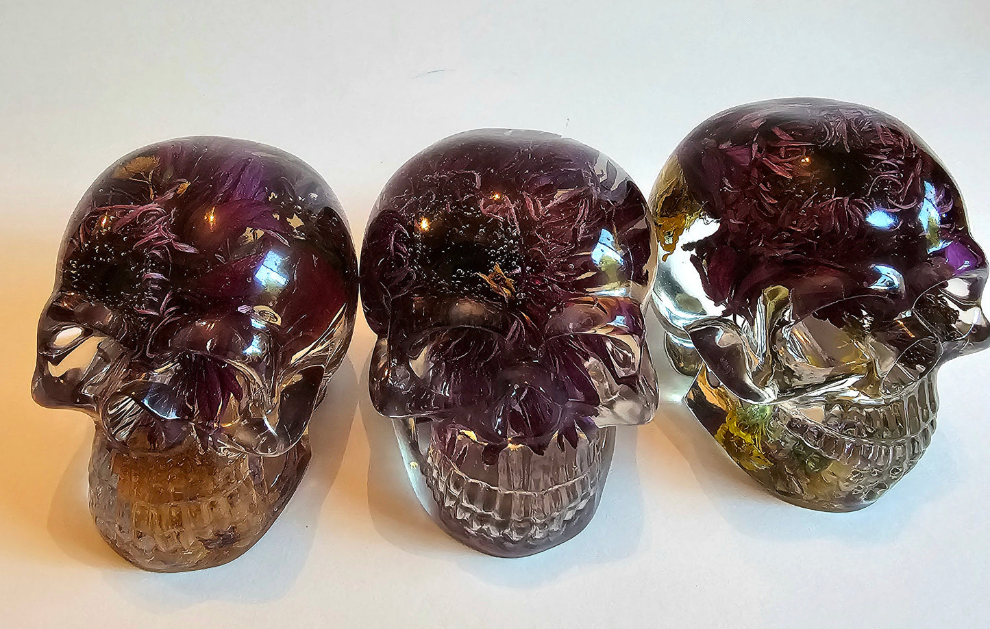#0217, #0227, #0232 - 3 piece matching set Handmade Resin Skull - Large purple Aster flower in clear resin, get the set!