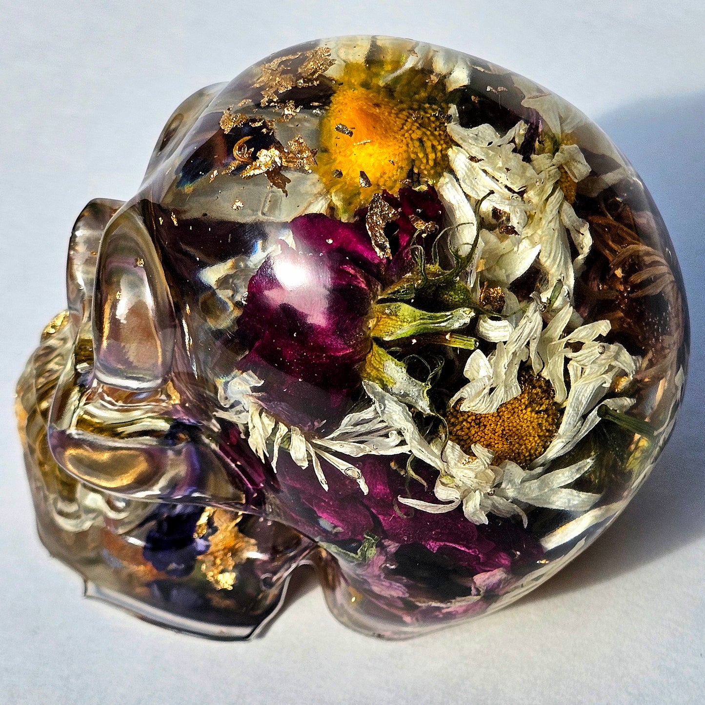#0286 - Handmade Resin Skull - Mixed flowers, pops of color all over. Nice clear piece.
